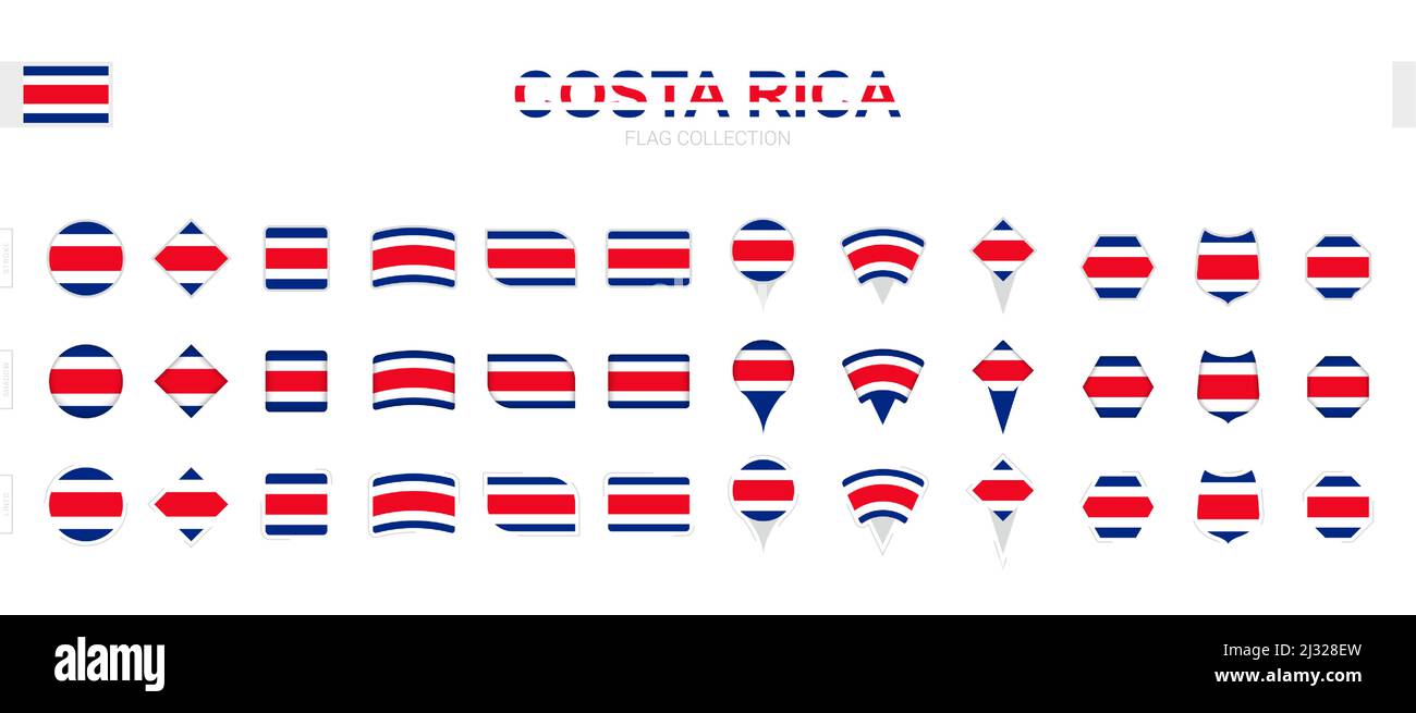 Large collection of Costa Rica flags of various shapes and effects. Big