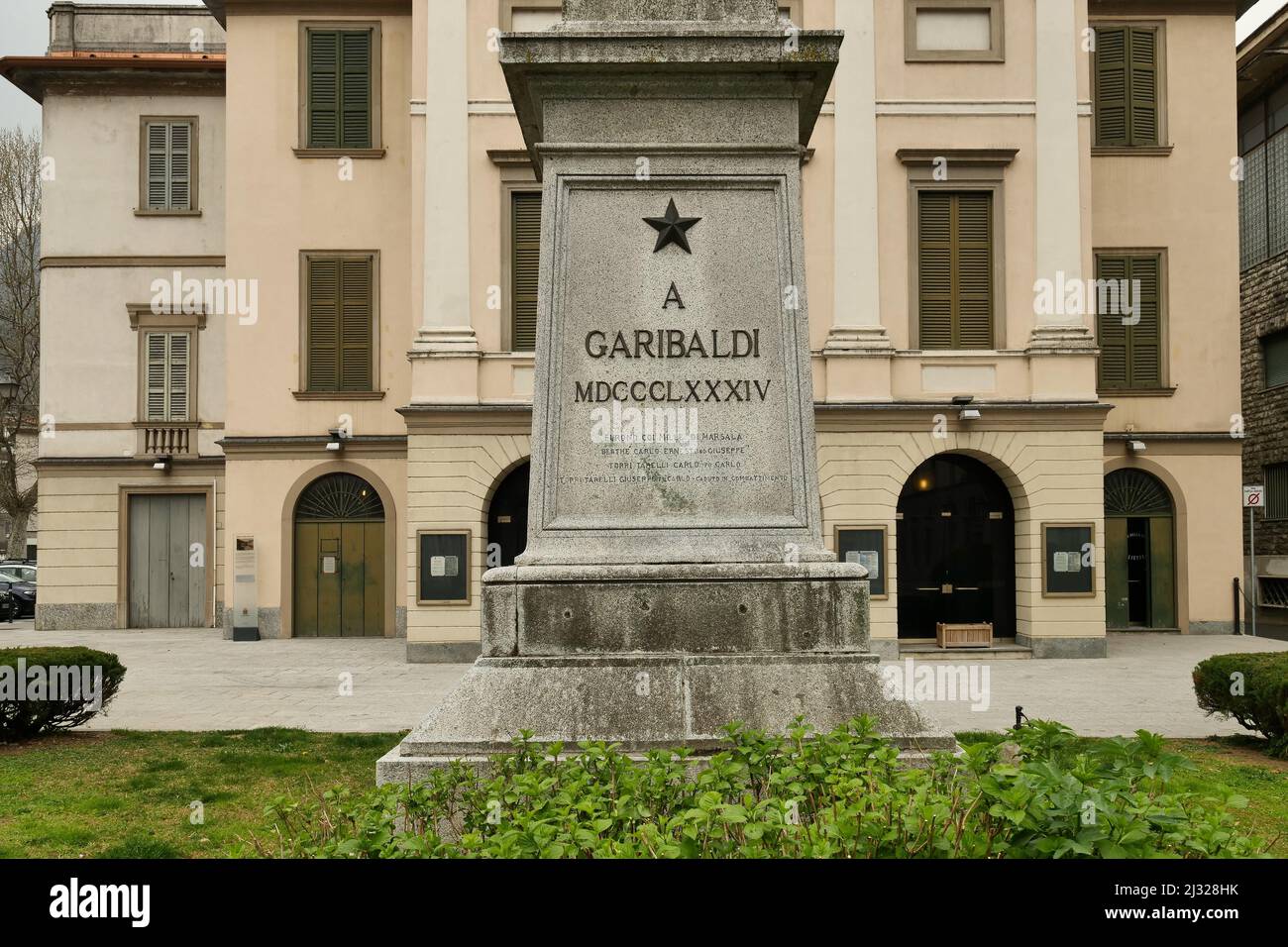 Giuseppe Garibaldi monument in Mazzini square, Lecco, Lombardy, Italy Stock Photo