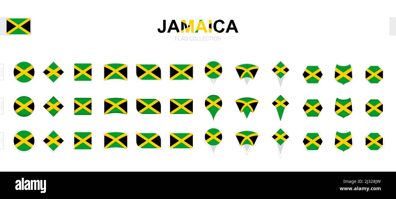 Large collection of Jamaica flags of various shapes and effects. Big