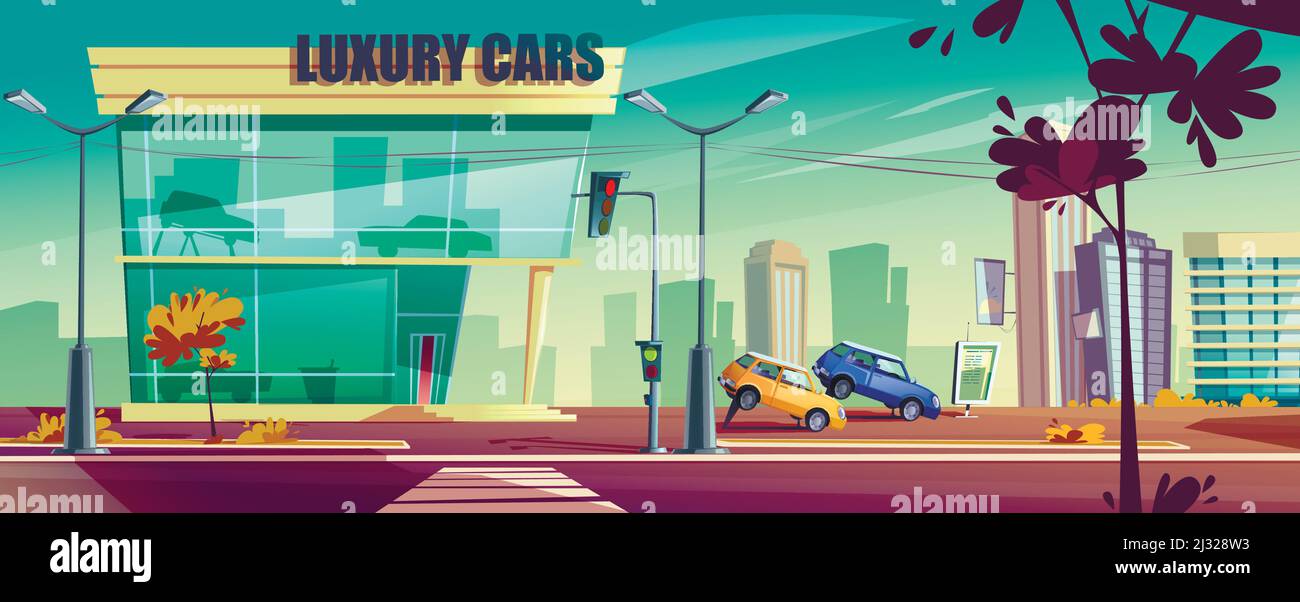 Car showroom with automobiles on stand on city street. Vector cartoon urban landscape with auto dealership of luxury cars. Building of vehicle shop wi Stock Vector