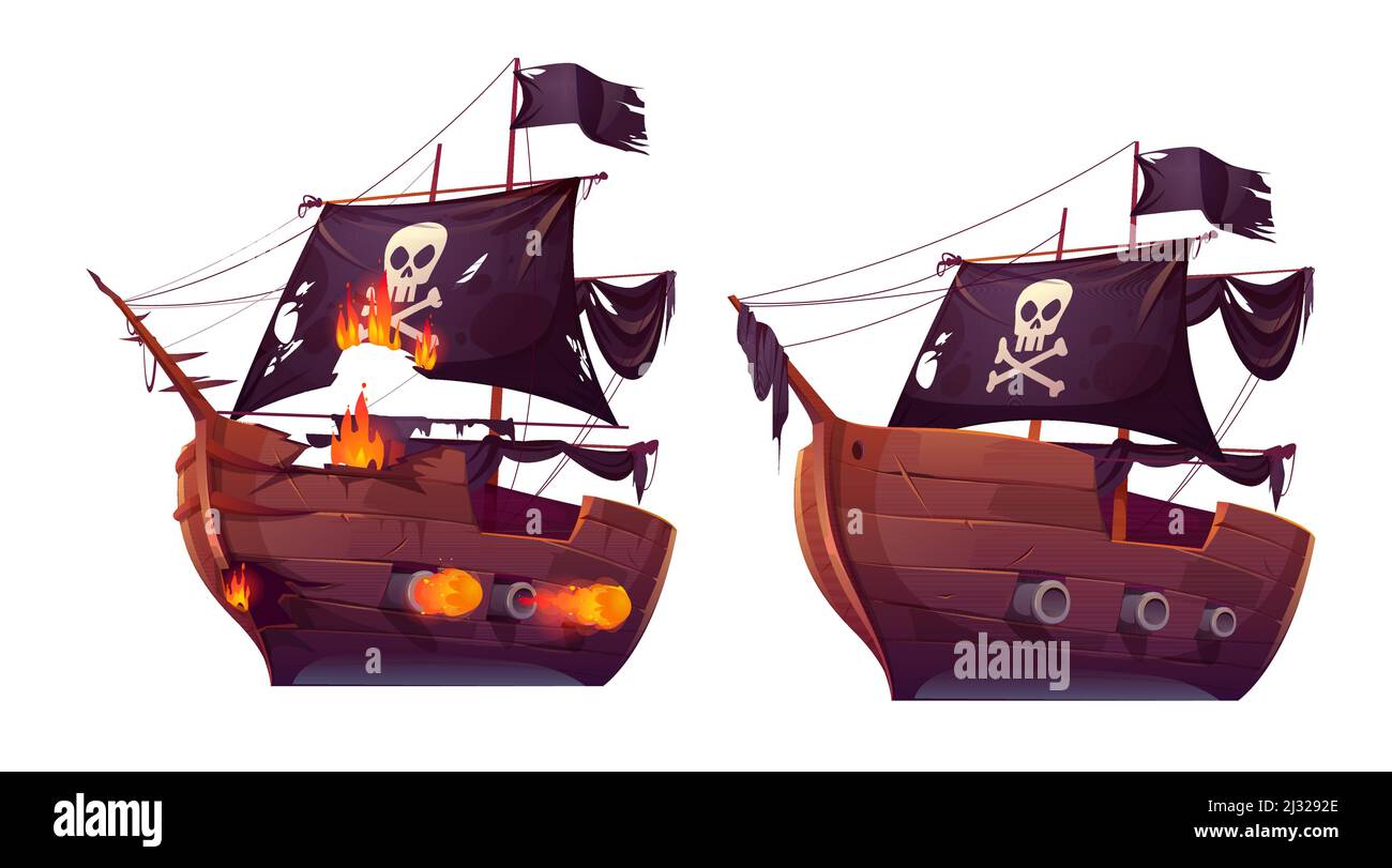 Sea battle of retro wooden ships vector cartoon. Fight of pirate galleon or attack frigate, sailboat. Corsairs with black flag, broken ship in fire wi Stock Vector