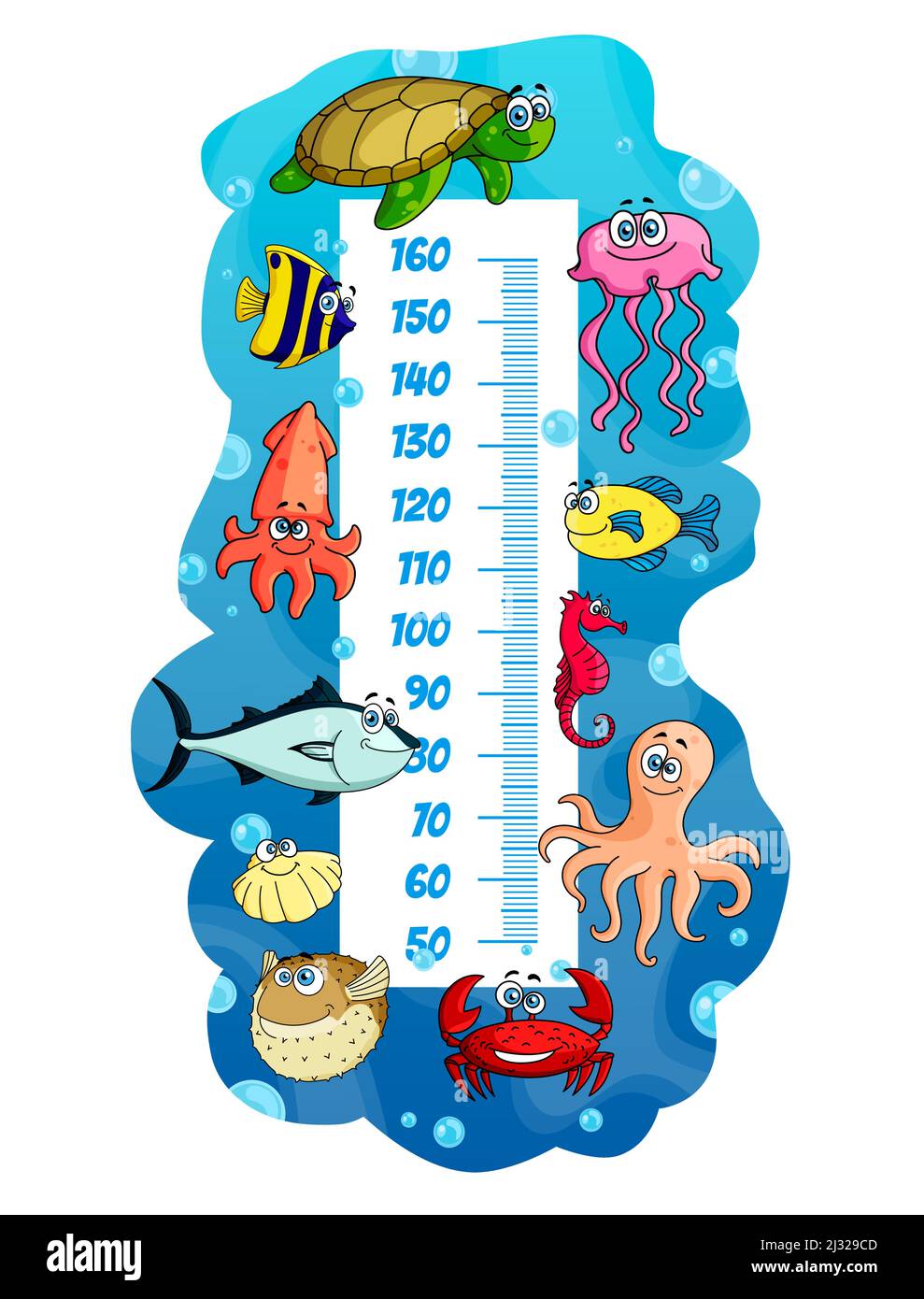 Kids height chart with cartoon sea animals and fish. Vector growth measure  meter ruler on sea background with blue ocean waves, crab and octopus,  squid, sea turtle and jellyfish with stadiometer scale