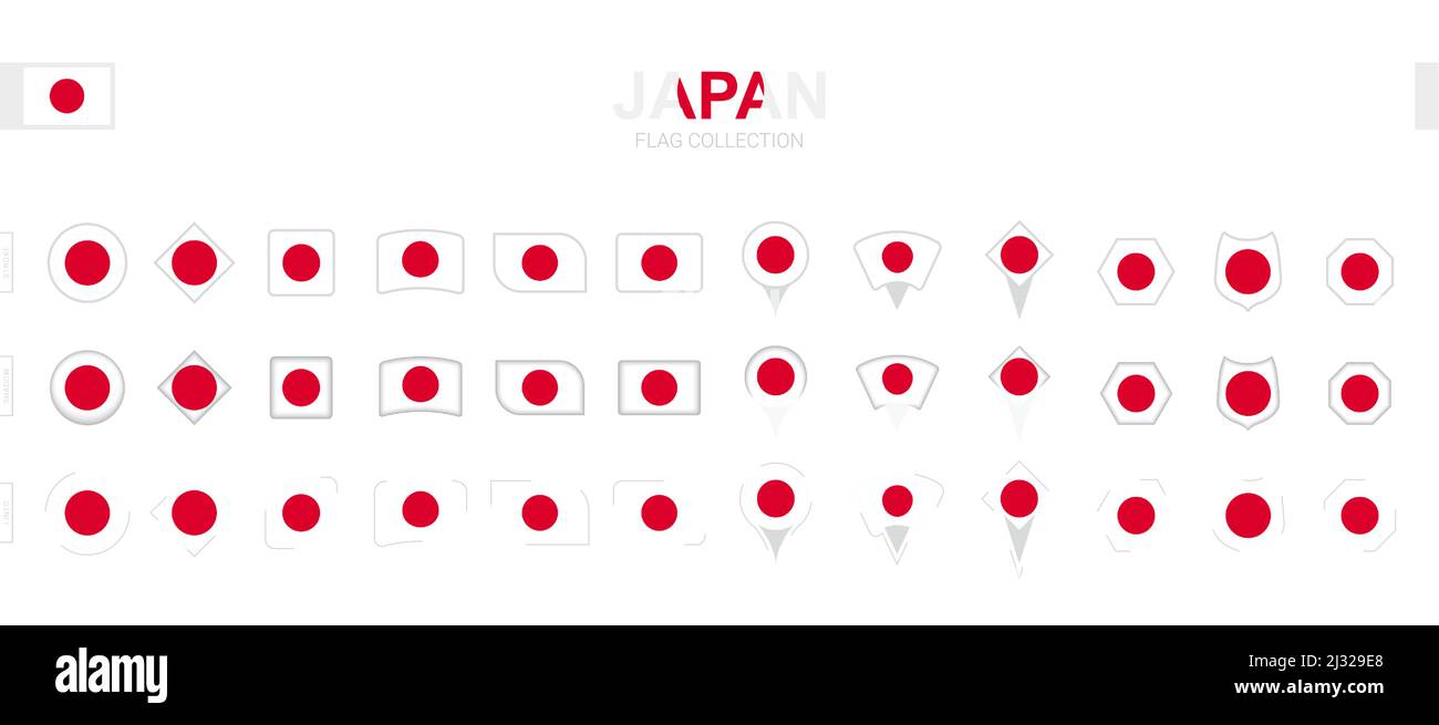 Large collection of Japan flags of various shapes and effects. Big set of vector flag. Stock Vector