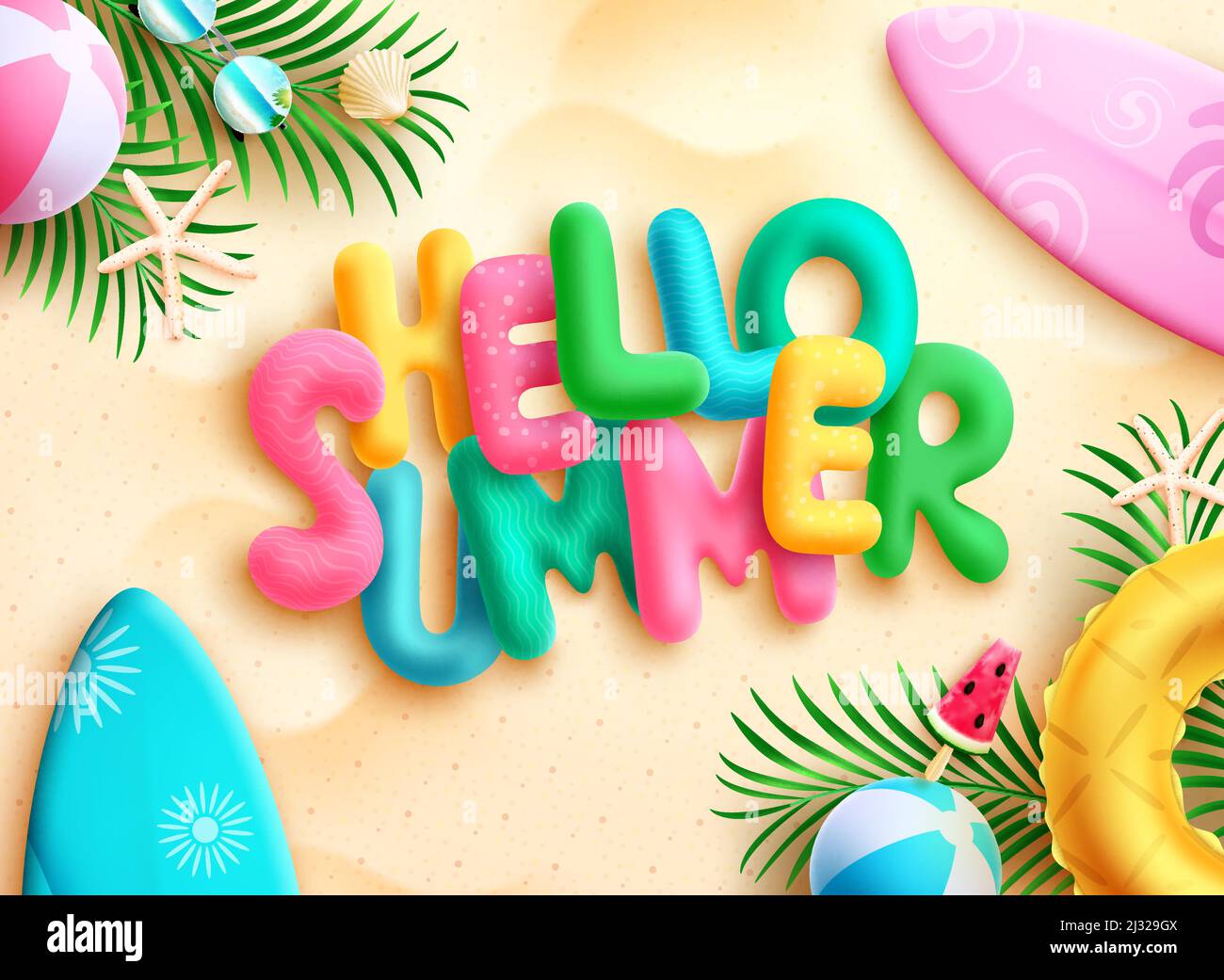 Summer vector concept design. Hello summer greeting 3d text in beach sand background with tropical season elements for outdoor holiday vacation. Stock Vector