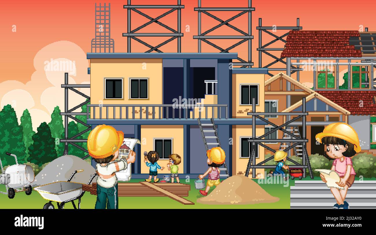 Building house construction site and workers illustration Stock Vector ...