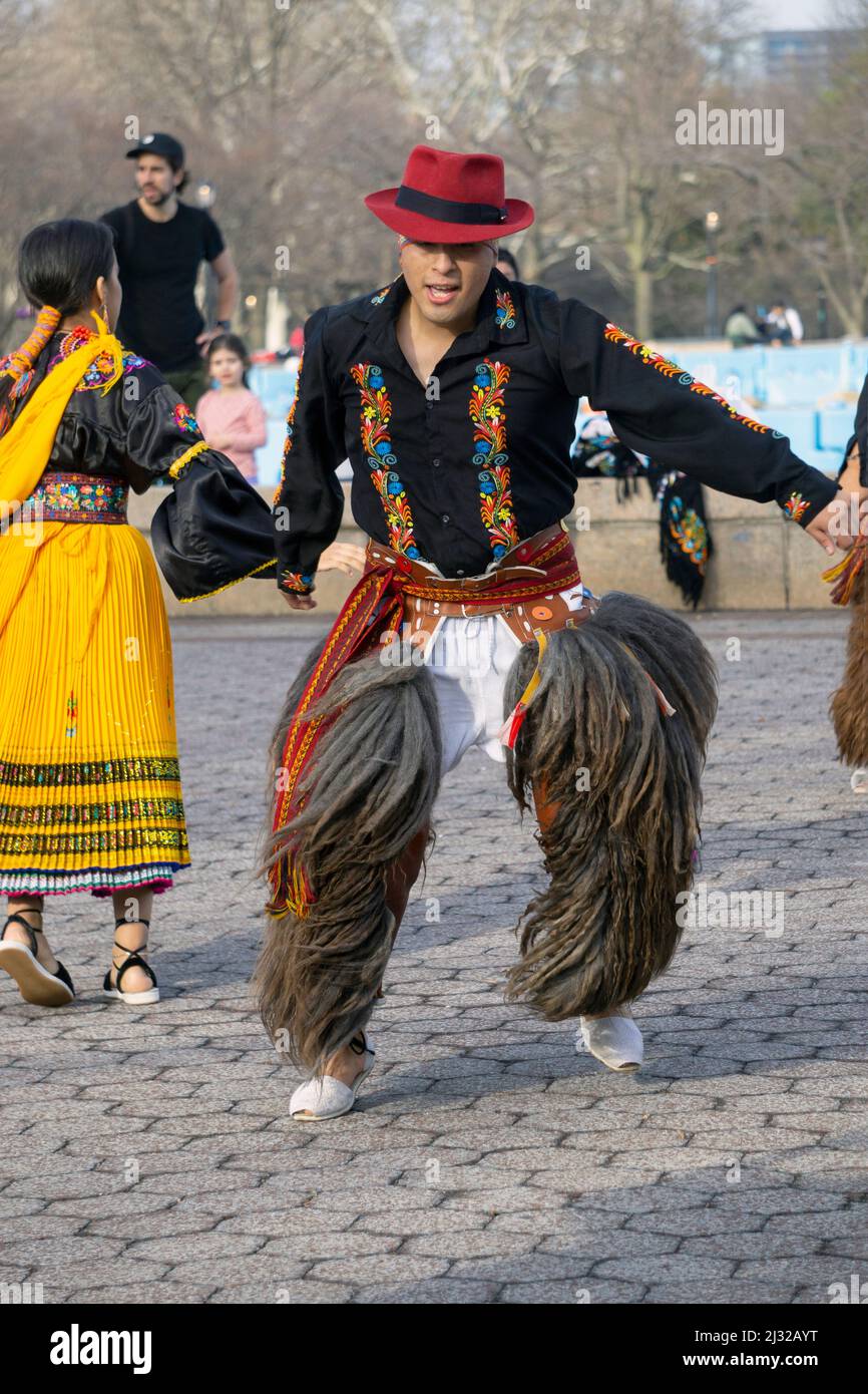 A male dancer leading Jatary Muzhucuna, an Ecuadorian American music & dance troupe, perform in Flushing Meadows in Queens, New York City. Stock Photo
