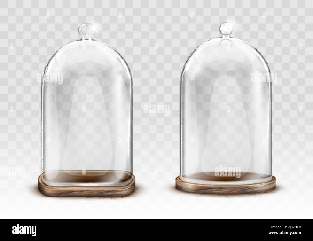 Vintage glass dome and old wooden tray realistic vector. Retro transparent glass dome square shape with knob handle, storage container, product presen Stock Vector