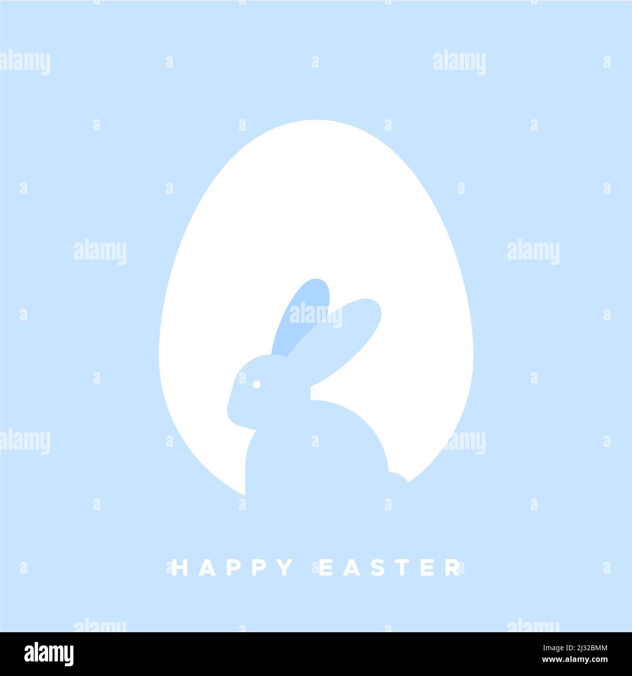 Happy Easter. Minimalist bunny inside an white Easter egg. Pale blue color. For greeting card, poster, banner. Vector illustration, flat design Stock Vector