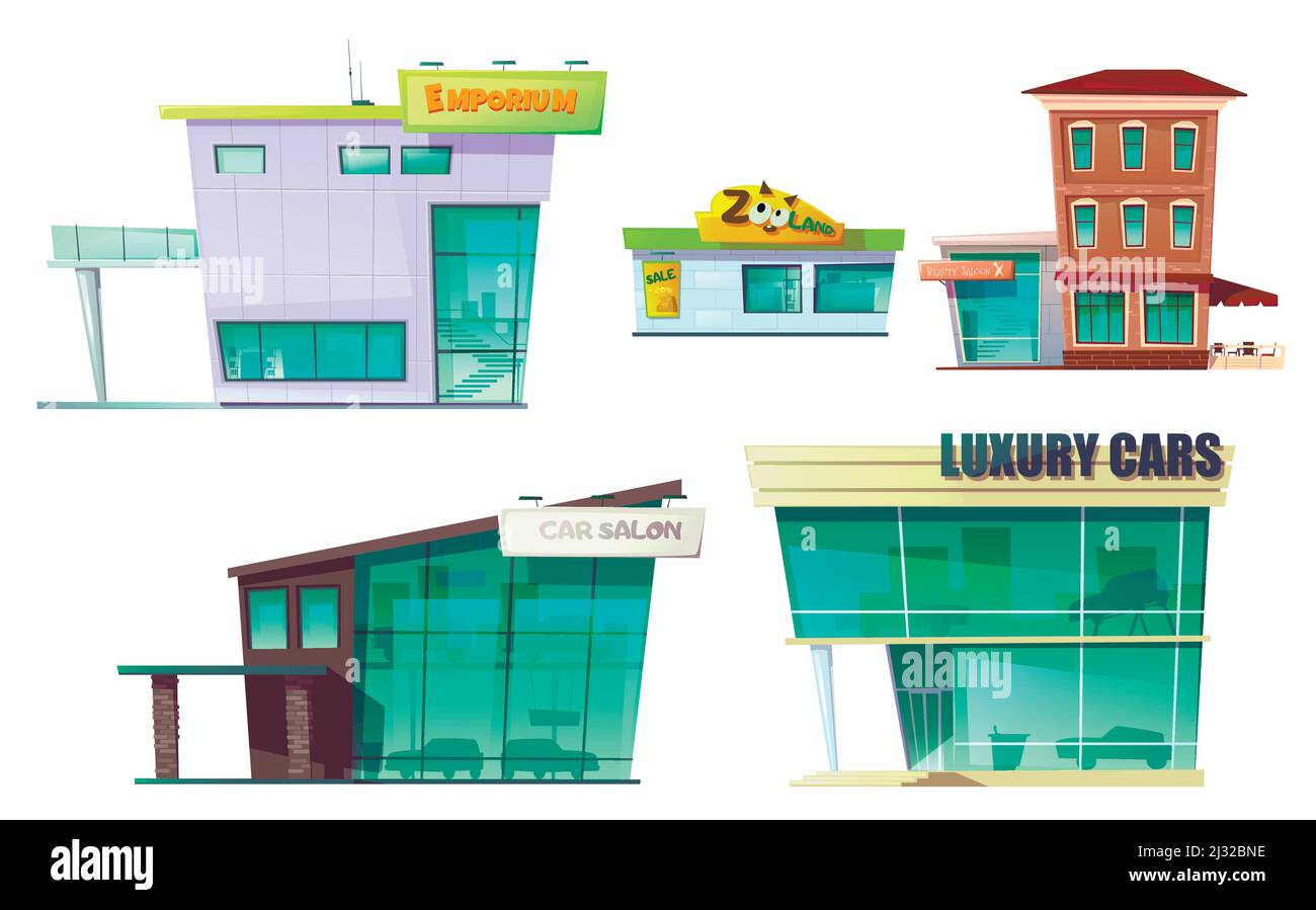Urban retro building cartoon vector set illustration. Old and modern shopping mall, residential buildings with restaurant cafe and beauty salon, car d Stock Vector