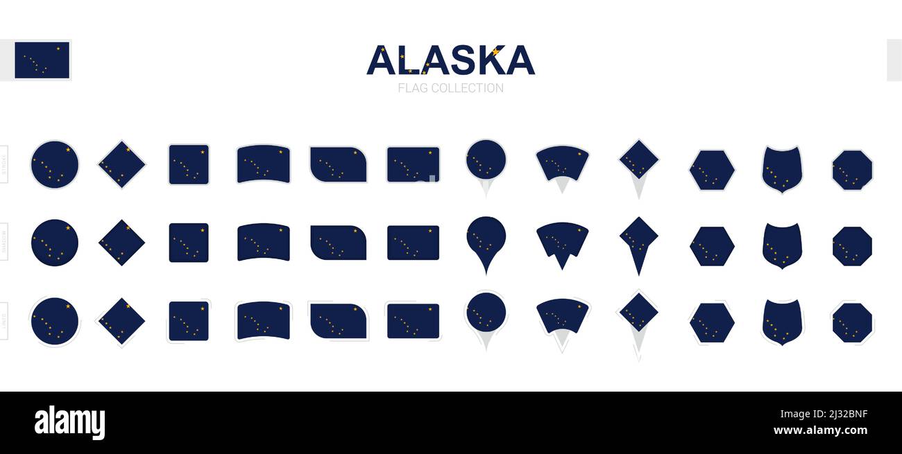 Large collection of Alaska flags of various shapes and effects. Big set