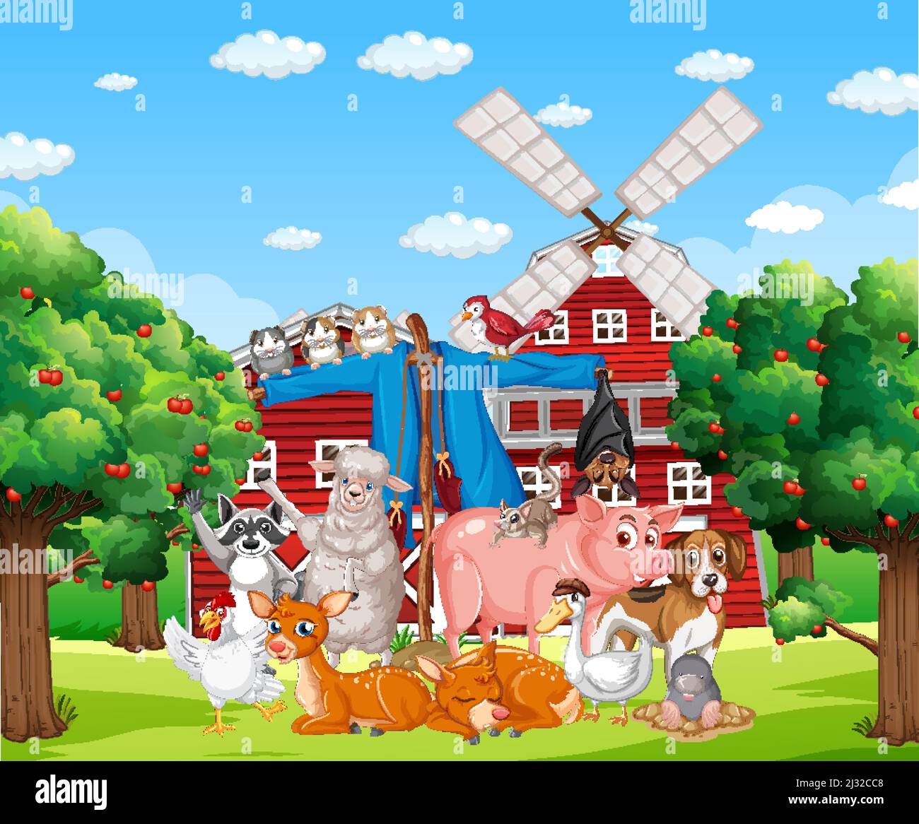 Farm scene with many animals illustration Stock Vector Image & Art - Alamy