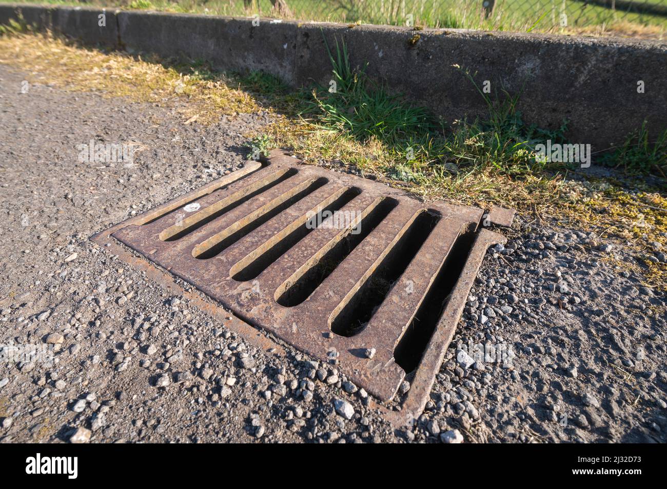Weeds growing in road gutter and drain, Carmarthenshire, Wales, UK Stock Photo