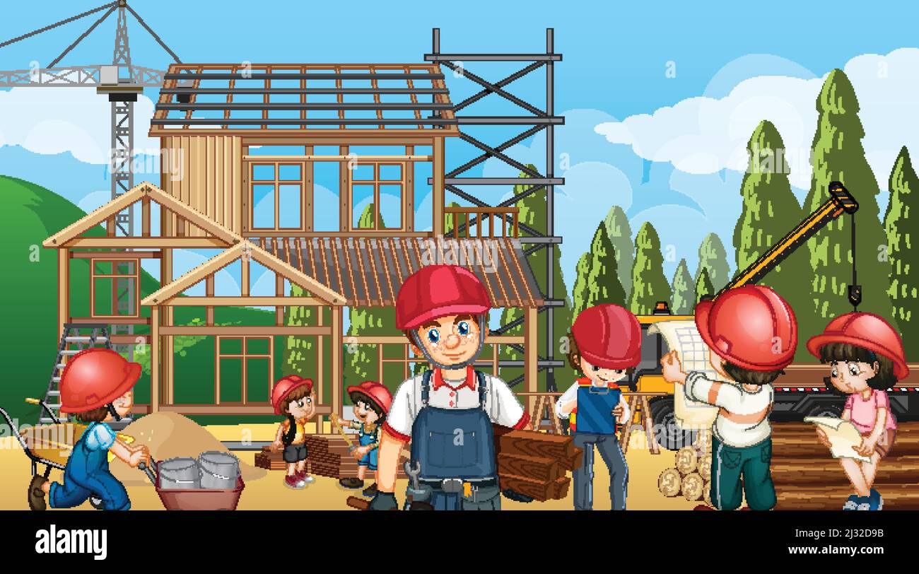 Building house construction site and workers illustration Stock Vector ...
