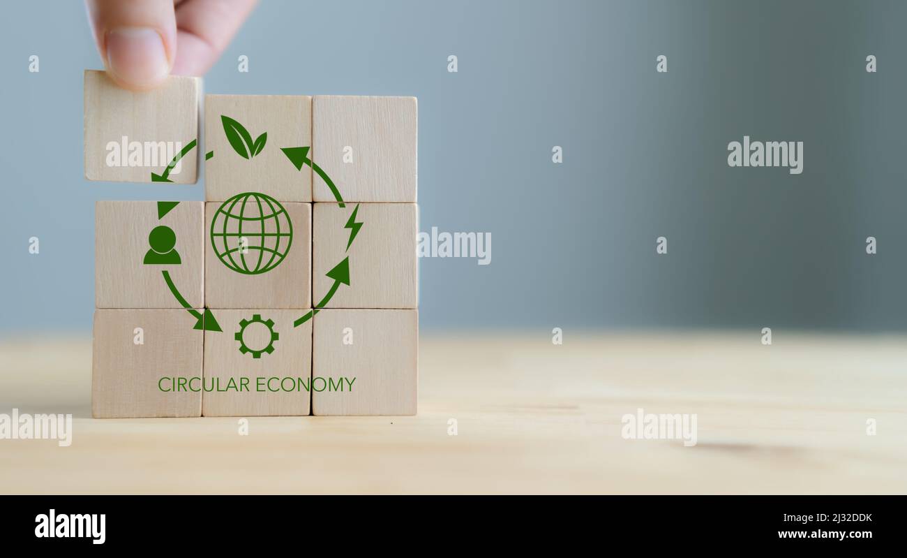 Circular economy concept, recycle, environment, reuse, manufacturing, waste, consumer, resource. Sustainable development. Hand put wooden cubes; the s Stock Photo