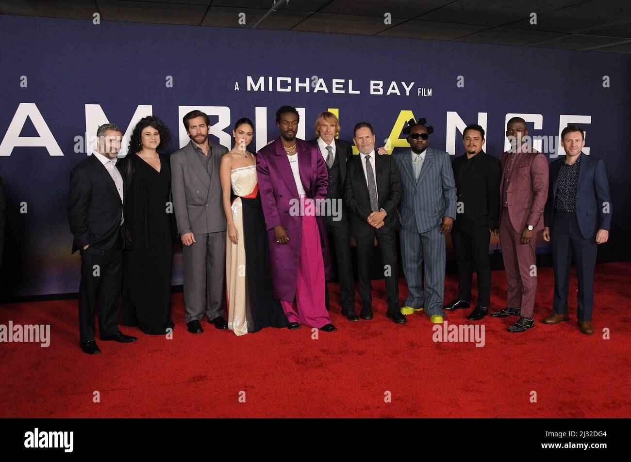 Los Angeles, USA. 04th Apr, 2022. (L-R) Brad Fischer, Olivia Stambouliah, Jake Gyllenhaal, Eiza Gonzalez, Yahya Abdul-Mateen II, Michael Bay, A Martinez, Wale Folarin, Jesse Garcia, Cedric Sanders and Keir O'Donnell at the AMBULANCE Los Angeles Premiere held at the Academy Museum of Motion Pictures in Los Angeles, CA on Monday, ?April 4, 2022. (Photo By Sthanlee B. Mirador/Sipa USA) Credit: Sipa USA/Alamy Live News Stock Photo