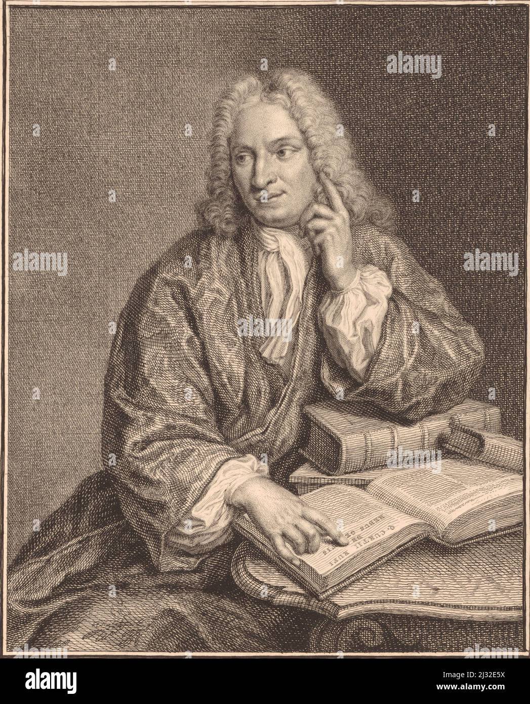 Hendrik  Snakenburg (Leiden, September 29, 1674 - January 16, 1750) was rector of the Latin School. Portrait by Jacob Houbraken . He made his name as a scholar by publishing Quinti Curtii Rufi De rebus gestis Alexandri Magni, regis Macedonum, libri superstites in 1724 by Samuel Luchtmans, with whom he was a friend. Stock Photo