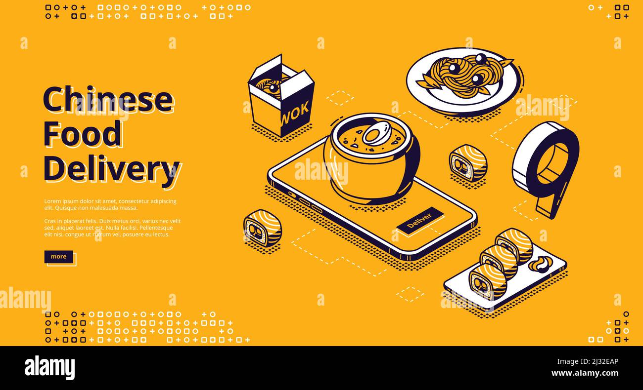 Chinese food delivery isometric landing page. Mobile app, online