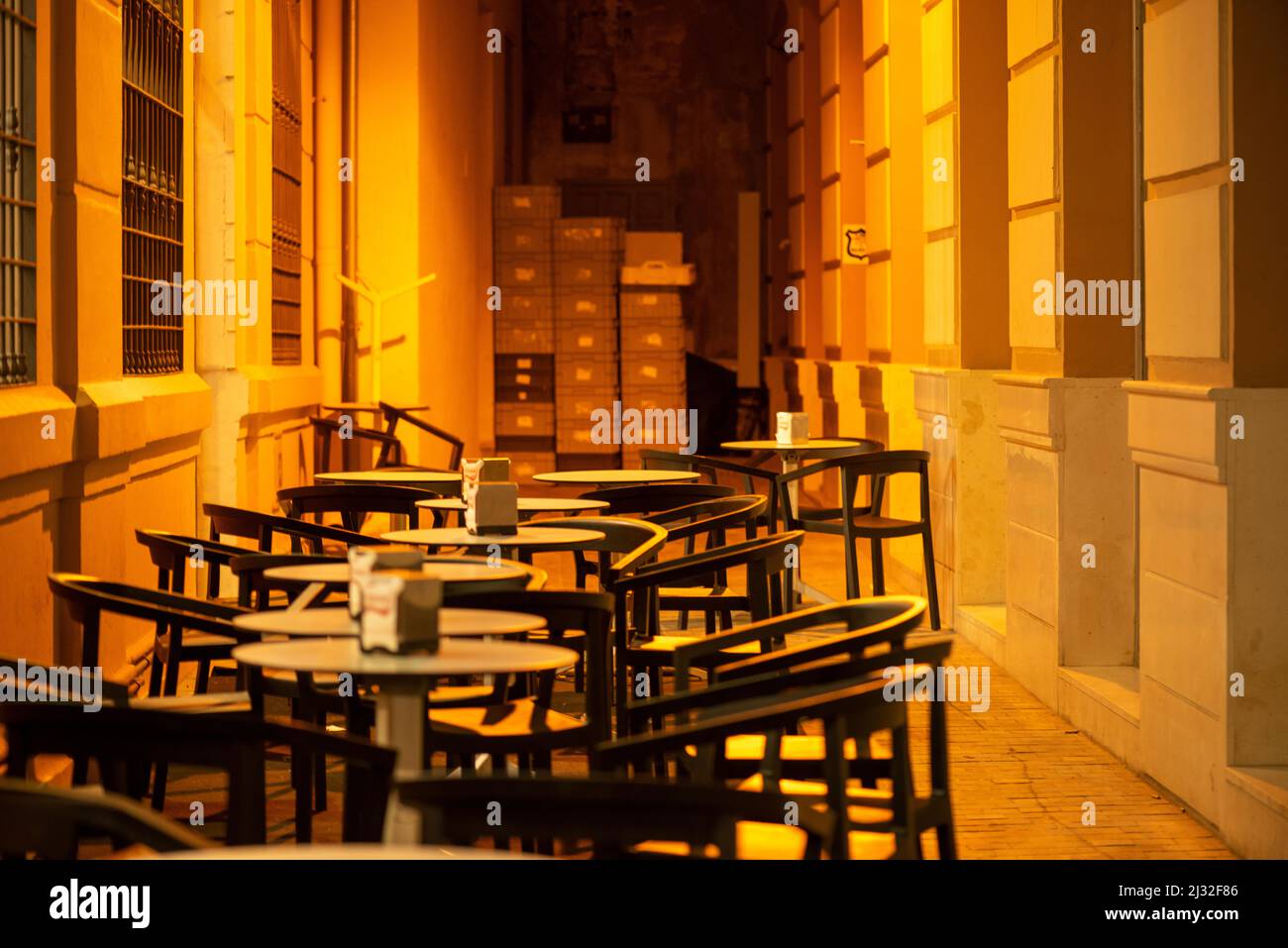 View in a road with a street cafe Stock Photo