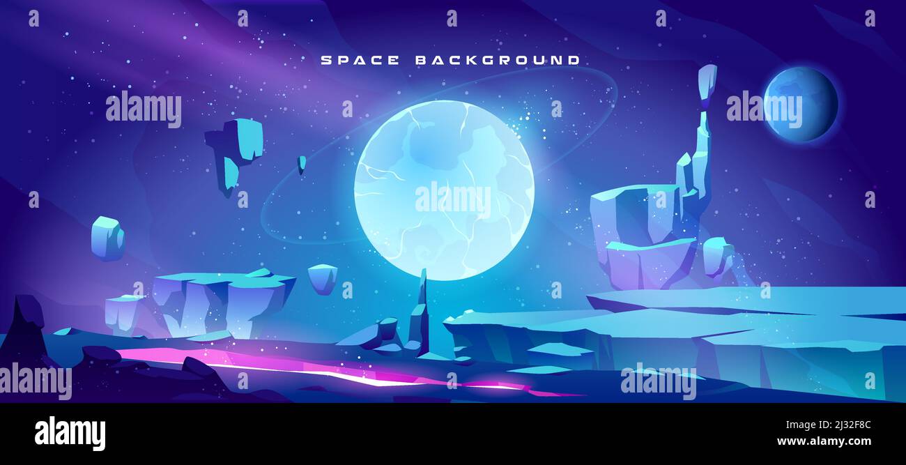 Space background with landscape of alien planet with craters and ...
