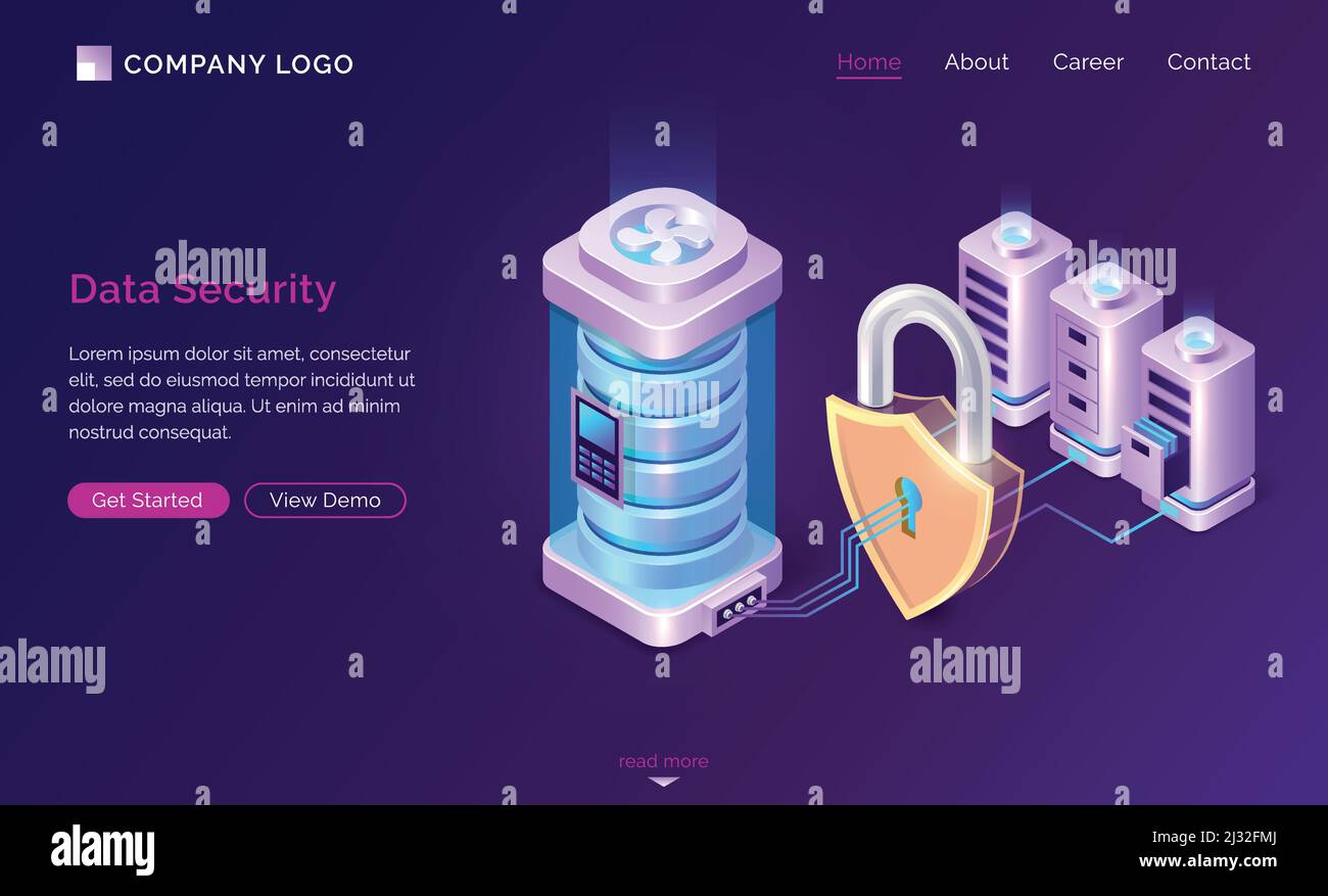 Cyber data security isometric landing page. Server room protected with shield padlock from outer access, computing internet digital technology, databa Stock Vector