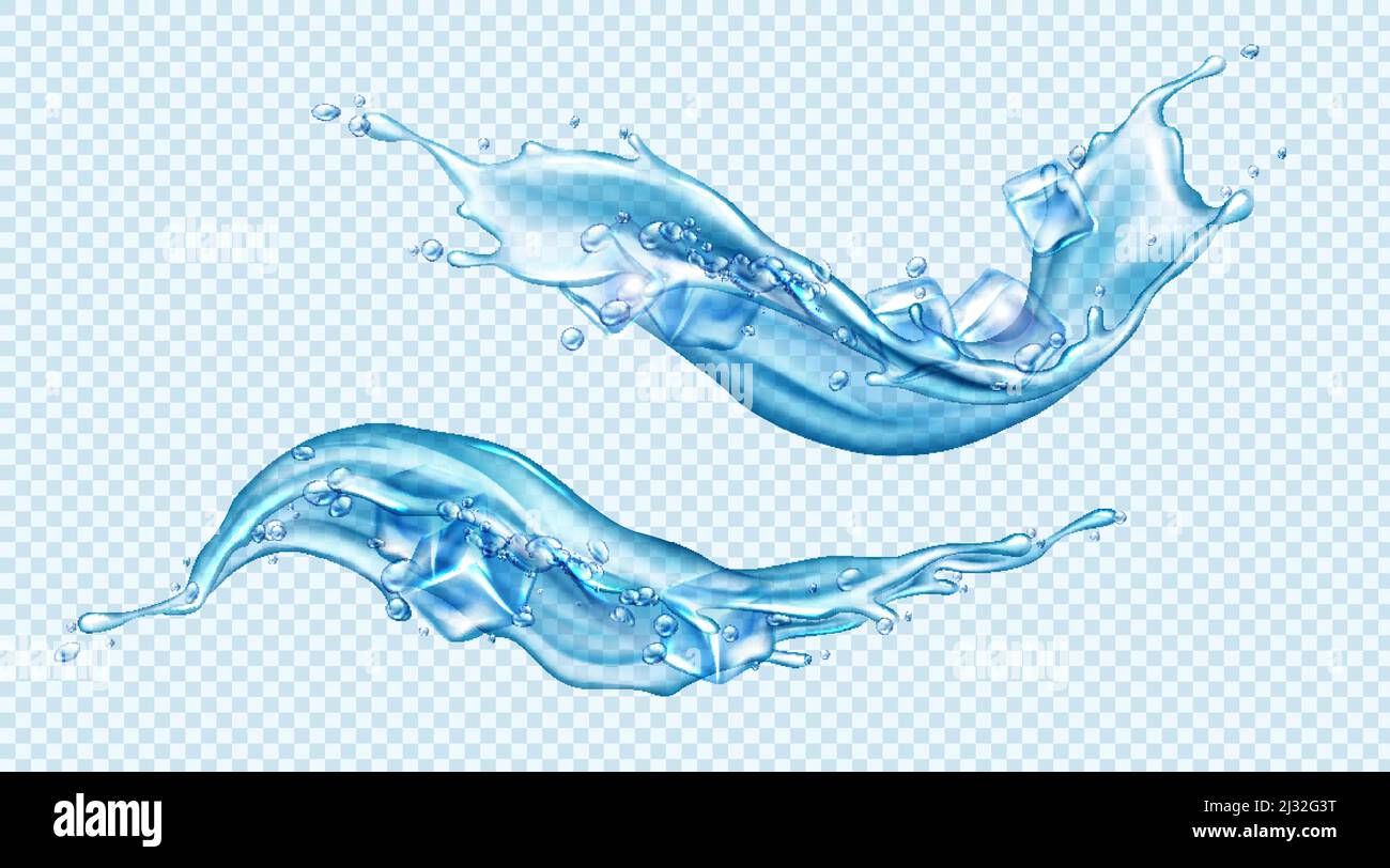 Water splashes with ice cubes set. Dynamic motion of pure liquid with