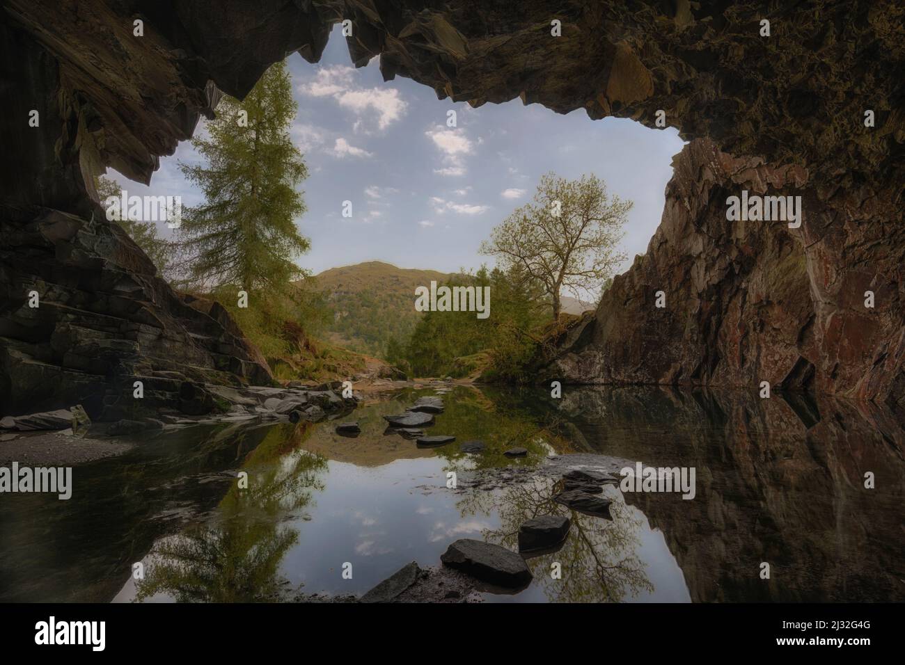 Looking out of the cave, Rydal Cave, Lake District, England, UK. Stock Photo