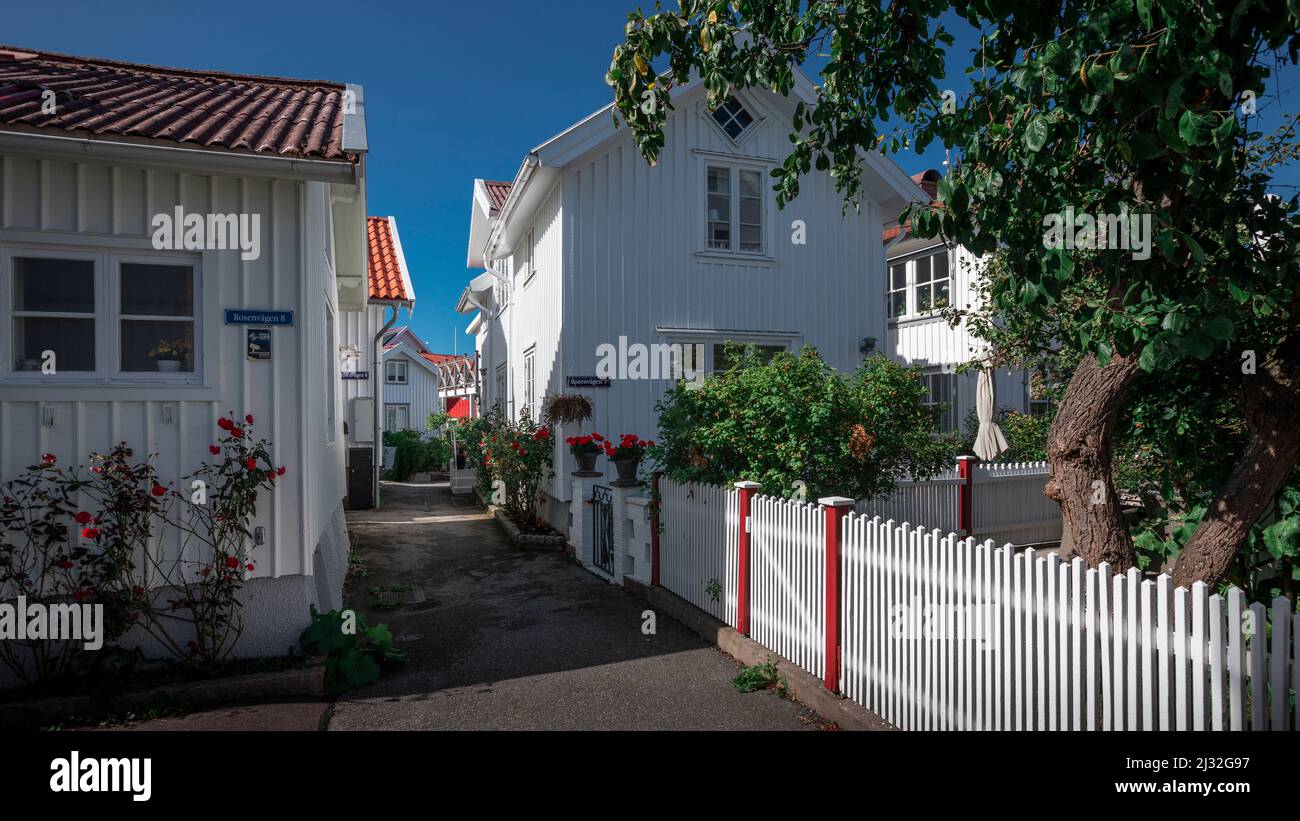 Alley between white Swedish houses in the village of Klädesholmen on the archipelago island of Tjörn in western Sweden Stock Photo