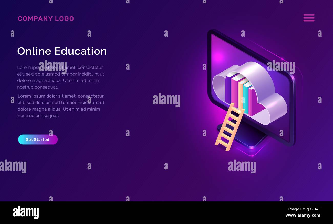 Online education isometric concept vector illustration. Cloud with library books and wooden stairs, computer monitor on purple banner, landing web sit Stock Vector