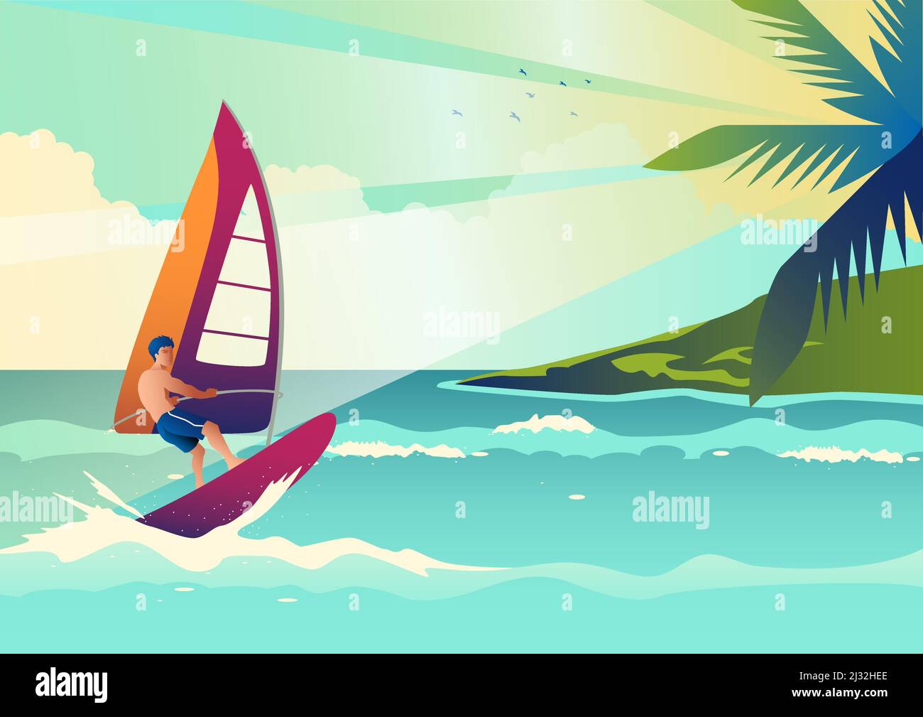 Illustration of a wind surfer, art deco style vector illustration Stock Vector