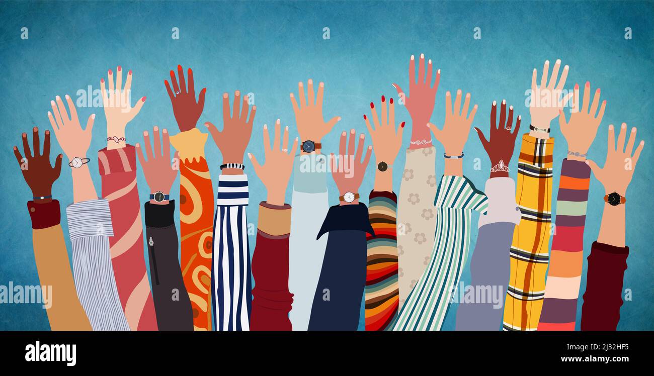 Group raised human arms and hands.Diversity multiethnic people. Racial equality. Men and women of diverse culture and nations. Coexistence harmony Stock Photo