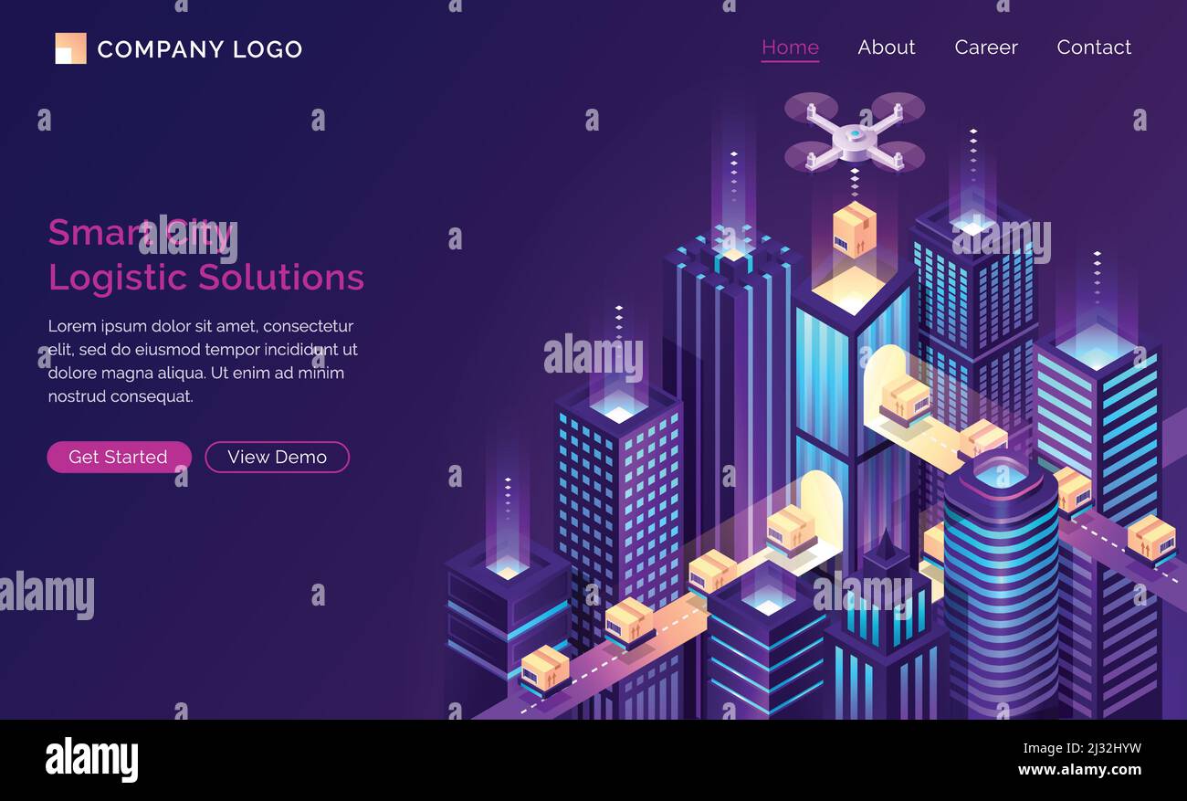 Smart city logistic solutions isometric landing page. Drone delivery ...