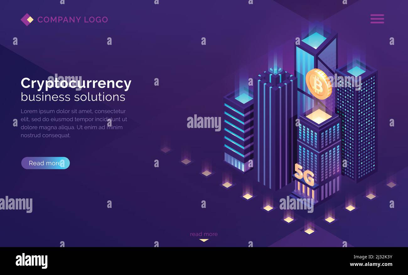 Cryptocurrency business solutions isometric landing page. Huge bitcoin  hanging above neon glowing skyscraper buildings, 5G mining blockchain  futuristic technology 3d vector illustration, web banner Stock Vector Image  & Art - Alamy