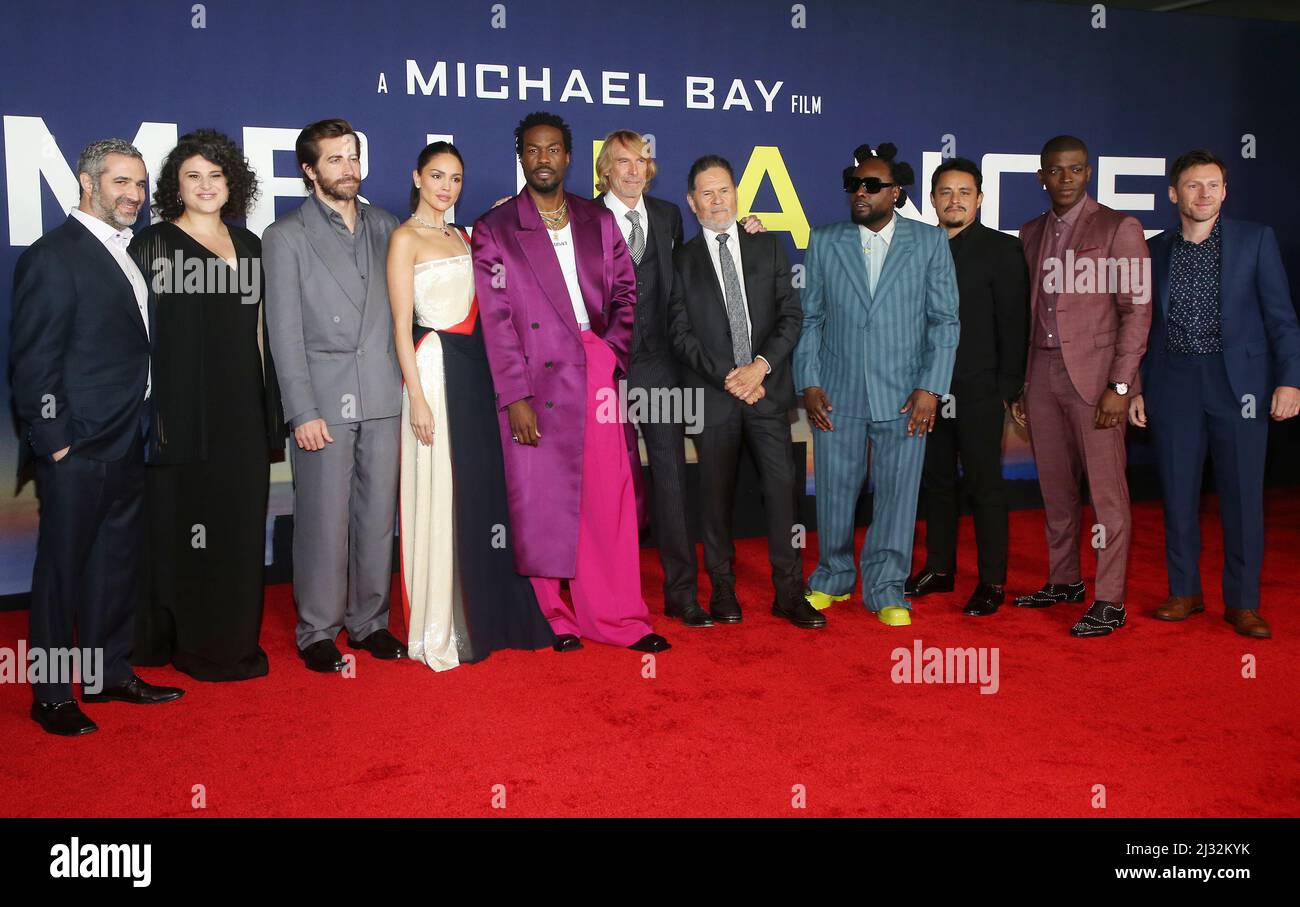 Los Angeles, Ca. 4th Apr, 2022. Michael Käse, Brad Fischer, Olivia Stambouliah, Eiza Gonzalez, Jake Gyllenhaal, Yahya Abdul-Mateen II, Michael Bay, A Martinez, Jesse Garcia, Cedric Sanders, Keir O'Donnell, at the premiere Ambulance at The Academy Museum of Motion Pictures in Los Angeles, California on April 4, 2022. Credit: Faye Sadou/Media Punch/Alamy Live News Stock Photo