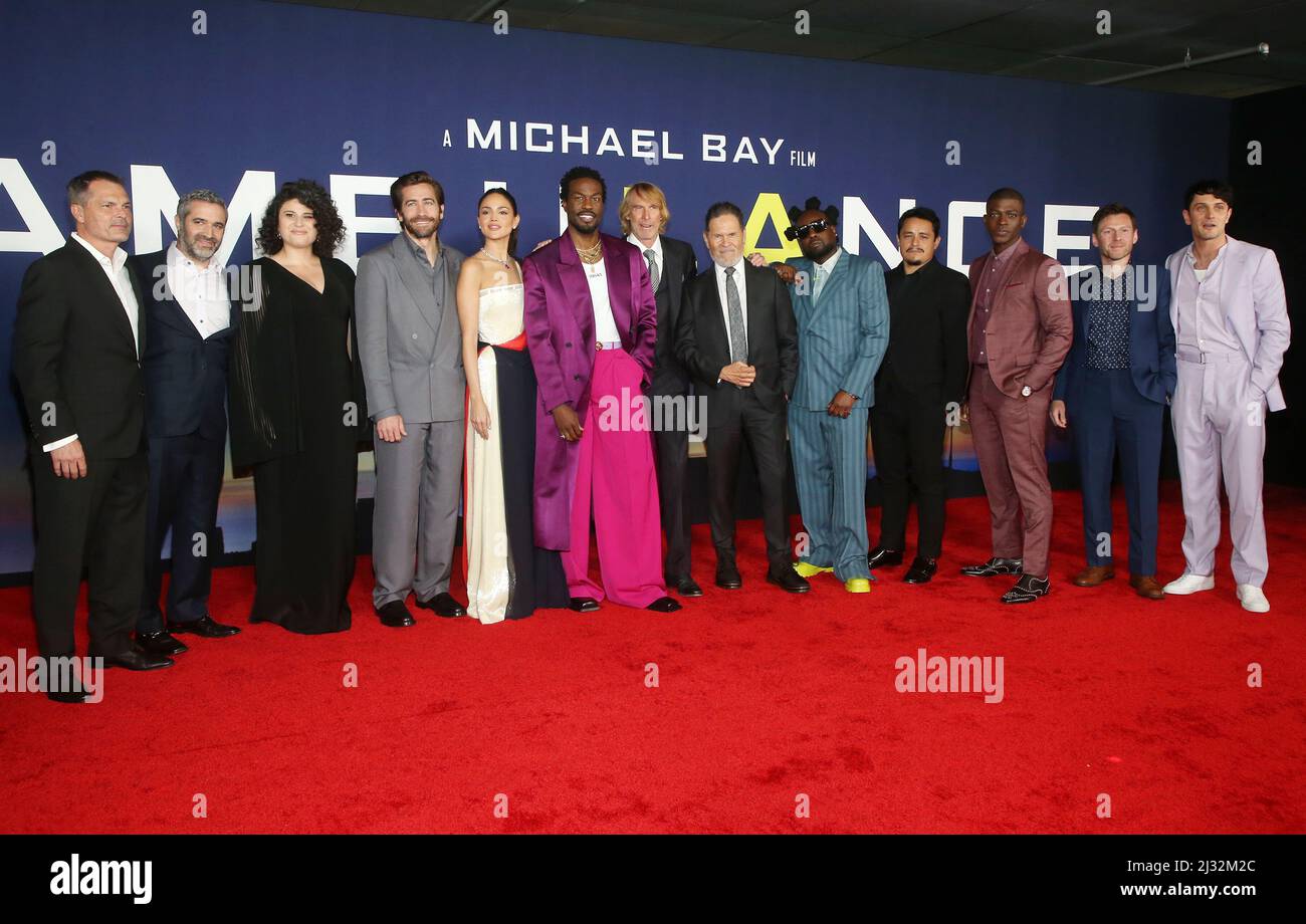 Los Angeles, Ca. 4th Apr, 2022. Michael Käse, Brad Fischer, Olivia Stambouliah, Eiza Gonzalez, Jake Gyllenhaal, Yahya Abdul-Mateen II, Michael Bay, A Martinez, Jesse Garcia, Cedric Sanders, Keir O'Donnell, Colin Woodell, at the premiere Ambulance at The Academy Museum of Motion Pictures in Los Angeles, California on April 4, 2022. Credit: Faye Sadou/Media Punch/Alamy Live News Stock Photo