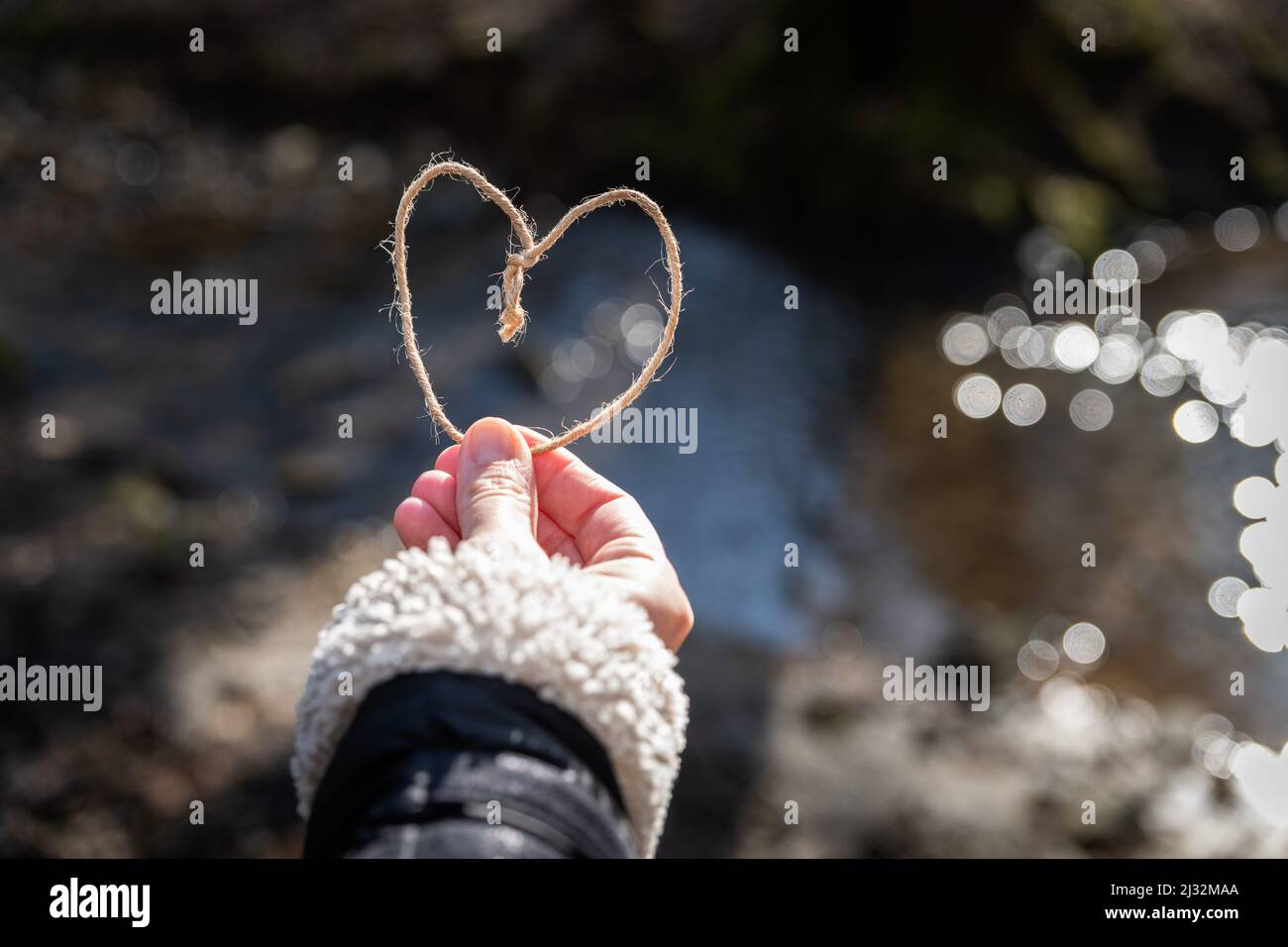 a heart shape made of cord is held by a human hand in front of a place of nature. Reconnect to trees and nature. Personal development Stock Photo