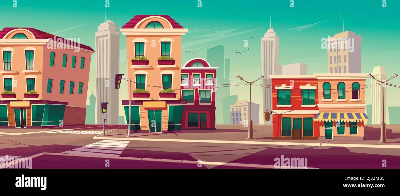 City Street With Houses Road With Pedestrian Crosswalk Traffic Lights And Street Lights Vector Cartoon Background With Cityscape Urban Landscape Stock Vector Image Art Alamy