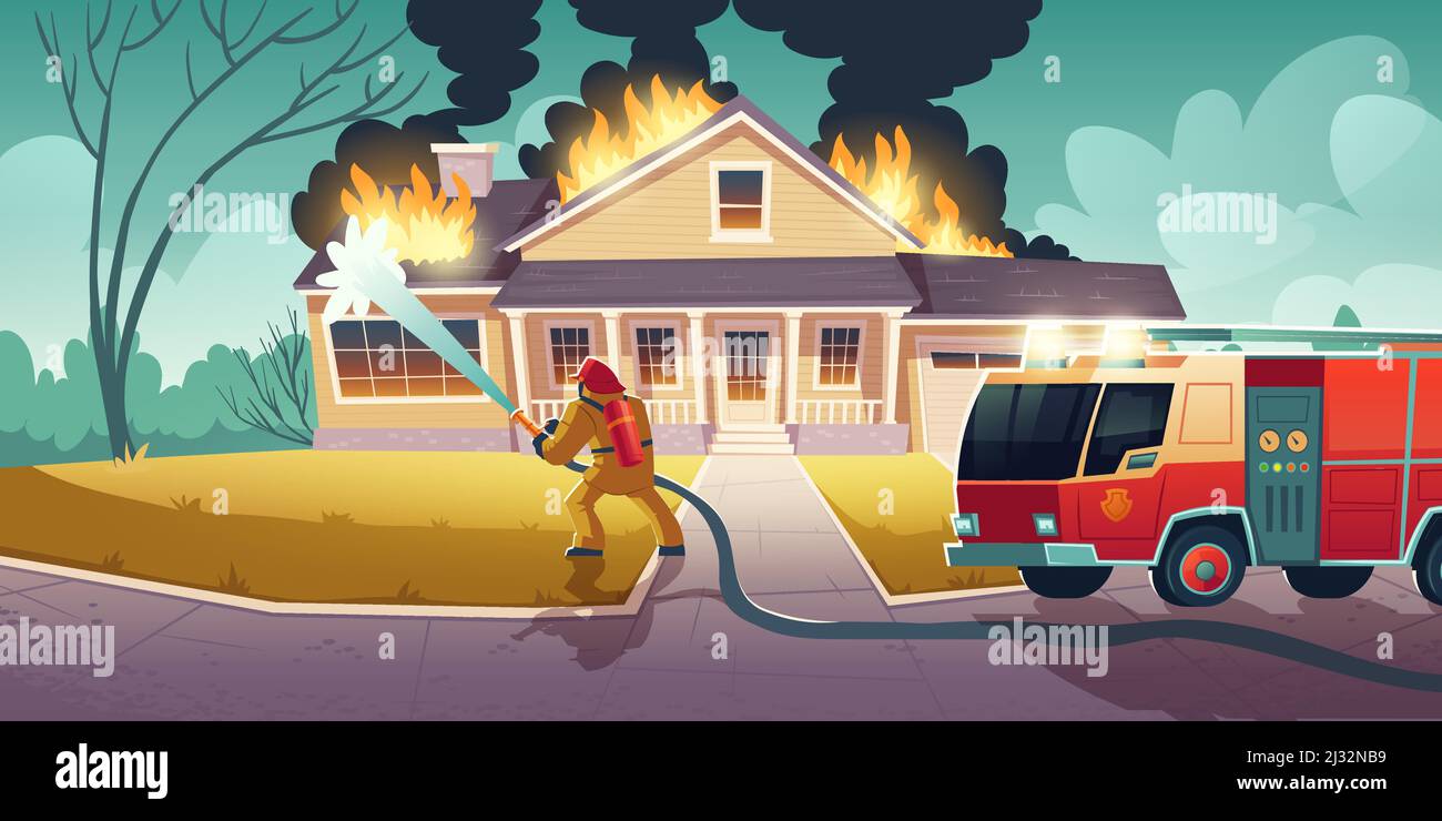 Fireman extinguish ignition in house. Firefighter put out flame on building roof with hose water. Vector cartoon illustration of burning home and red Stock Vector