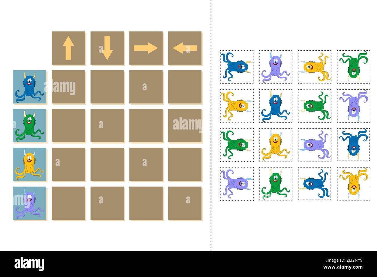 Match cartoon monsters and directions up, down, left and right ...