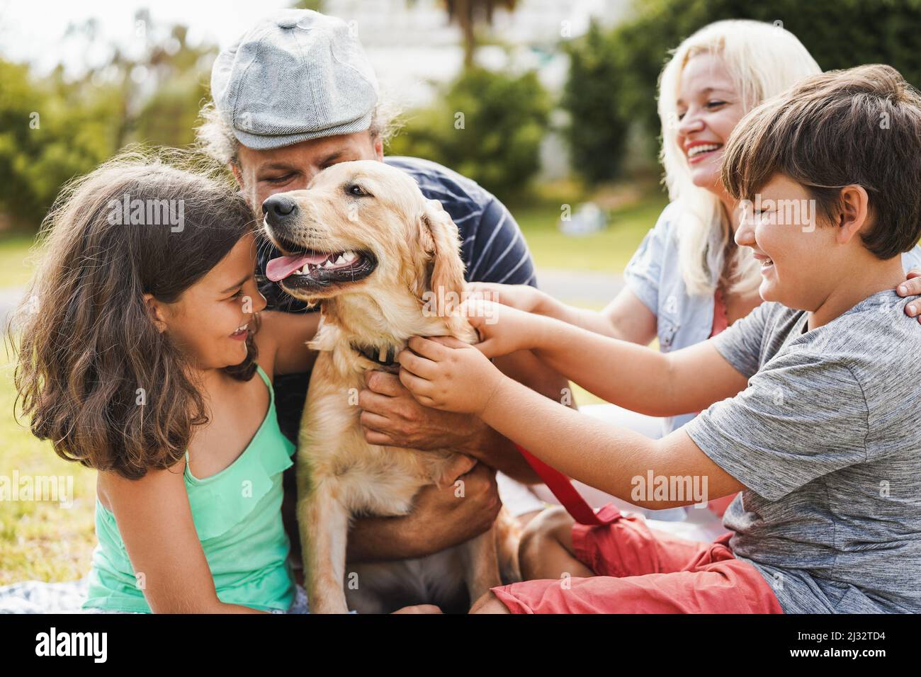Young parents having fun with children and their pet outdoor at park in summer time - Focus on dog mouth Stock Photo
