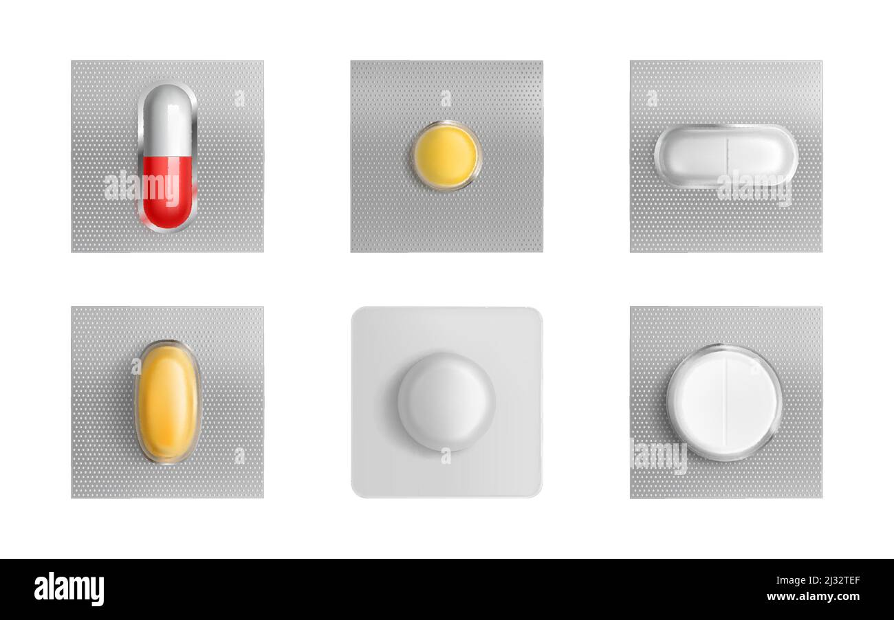 Pills blister pack set, medicine tablets and color capsules mock up isolated on white background. Painkiller remedy package design elements for advert Stock Vector
