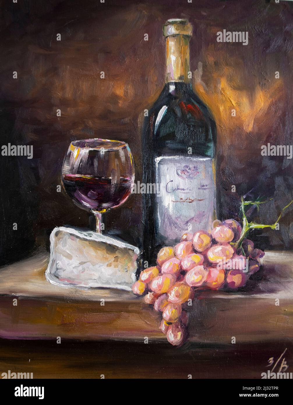 Wine in a glass with grapes. Oil painting with brush strokes. Stock Photo
