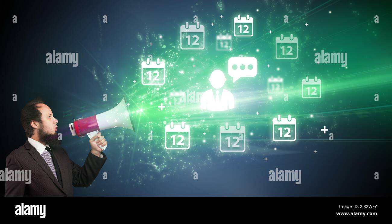 Young person with megaphone and leader icon, new business model concept ...