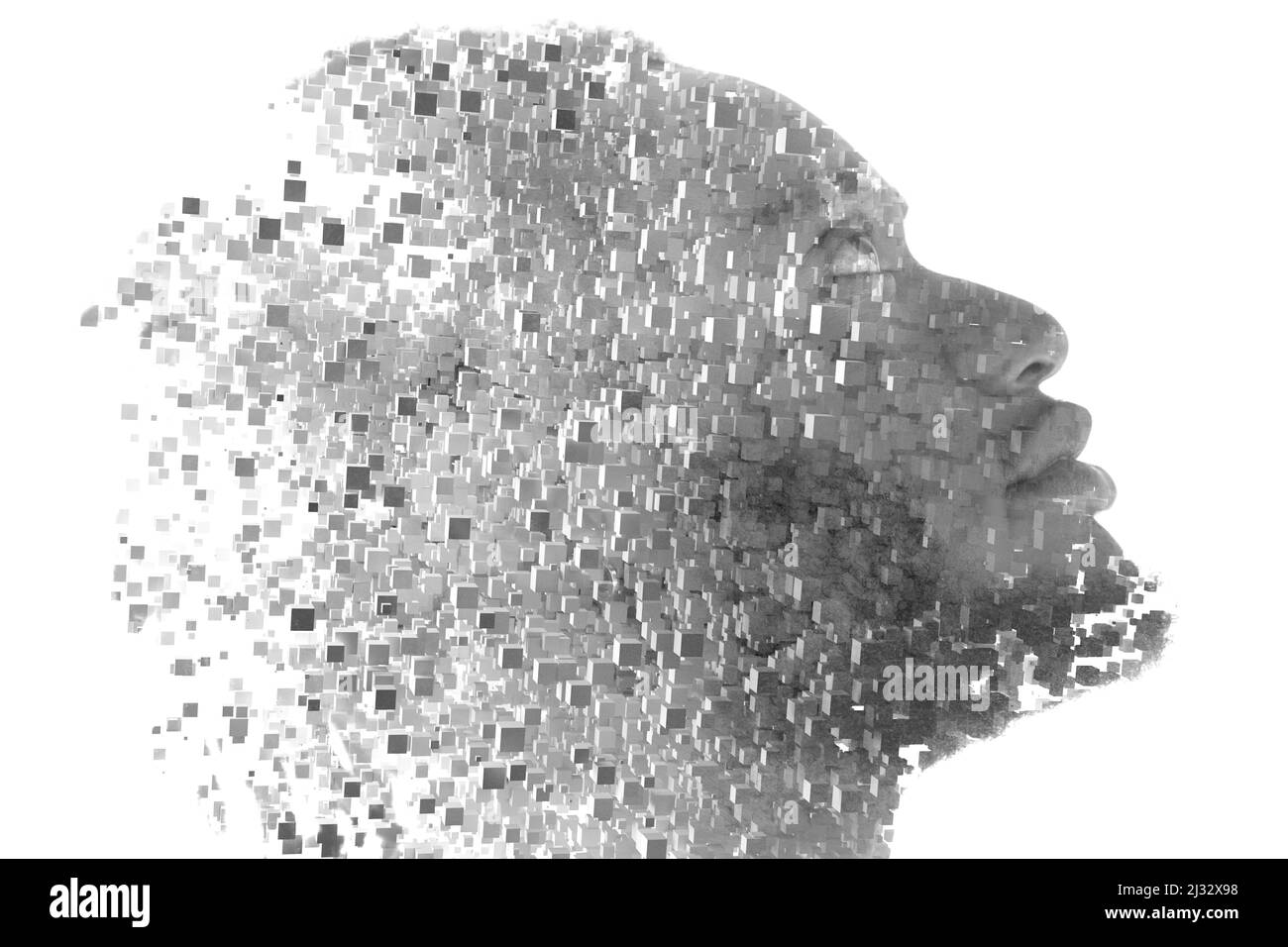 Countless particles combined with a portrait of young African American man Stock Photo