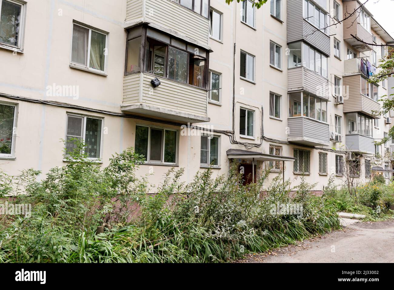 Courtyard of Khrushchyovka, common type of old lowcost apartment building in Russia and post