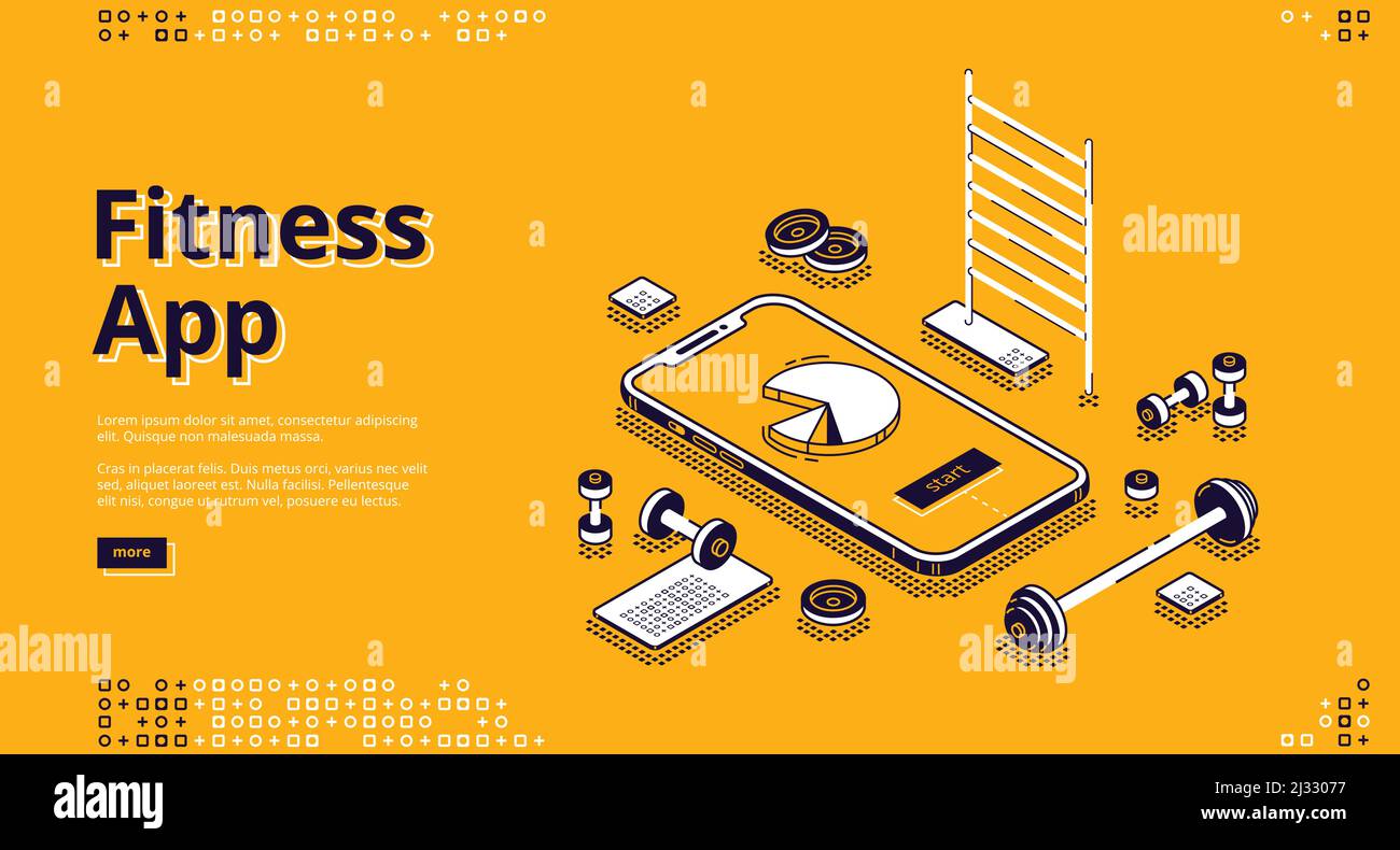 Fitness app isometric landing page. Gym equipment around huge smartphone with pie chart on
