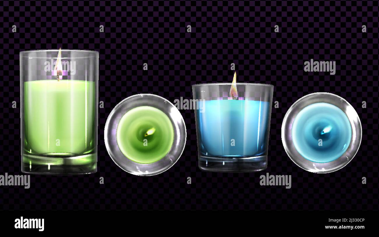 Burning candles in glass jars front and top view set isolated on