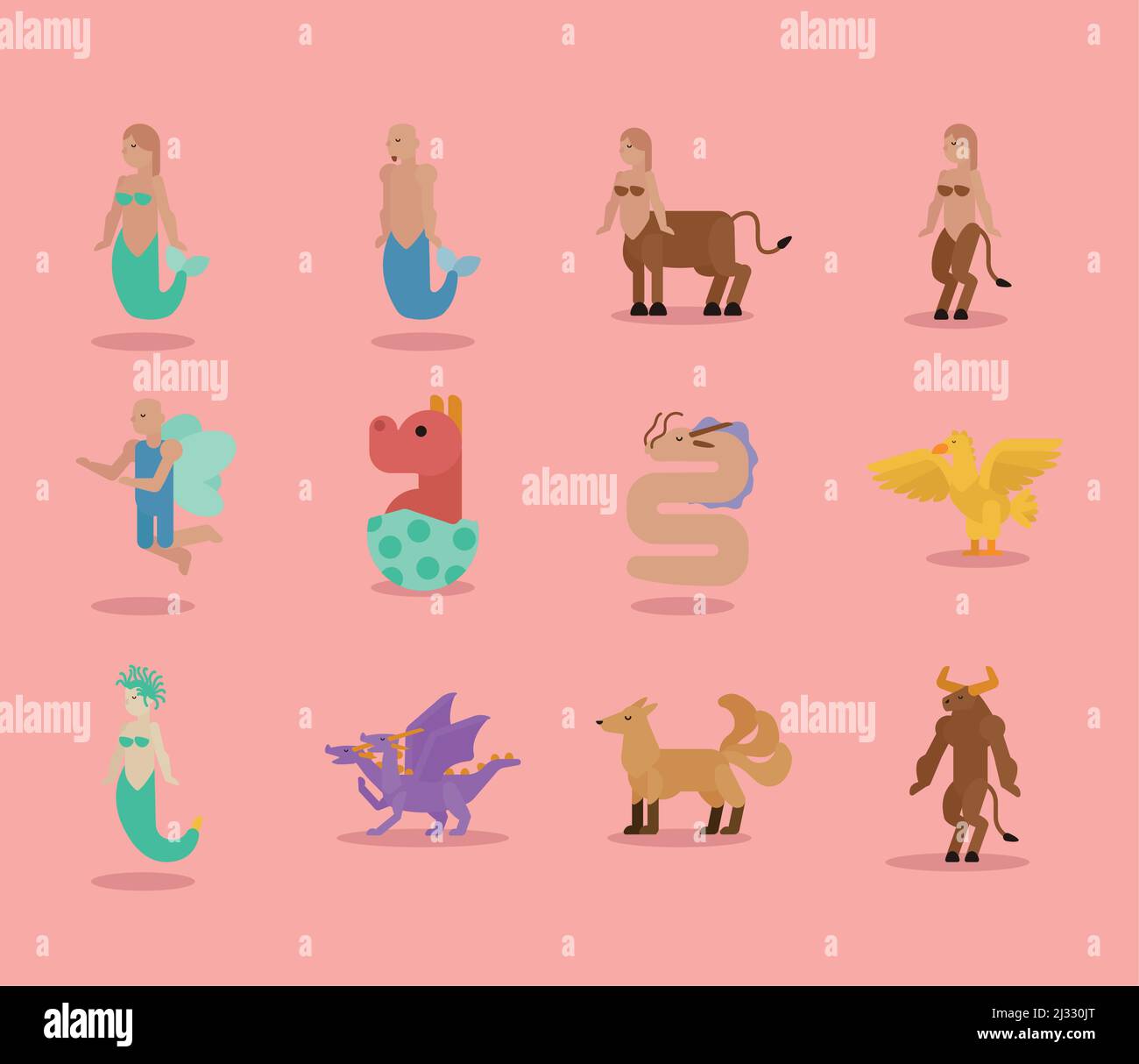 twelve fantastic creatures characters Stock Vector