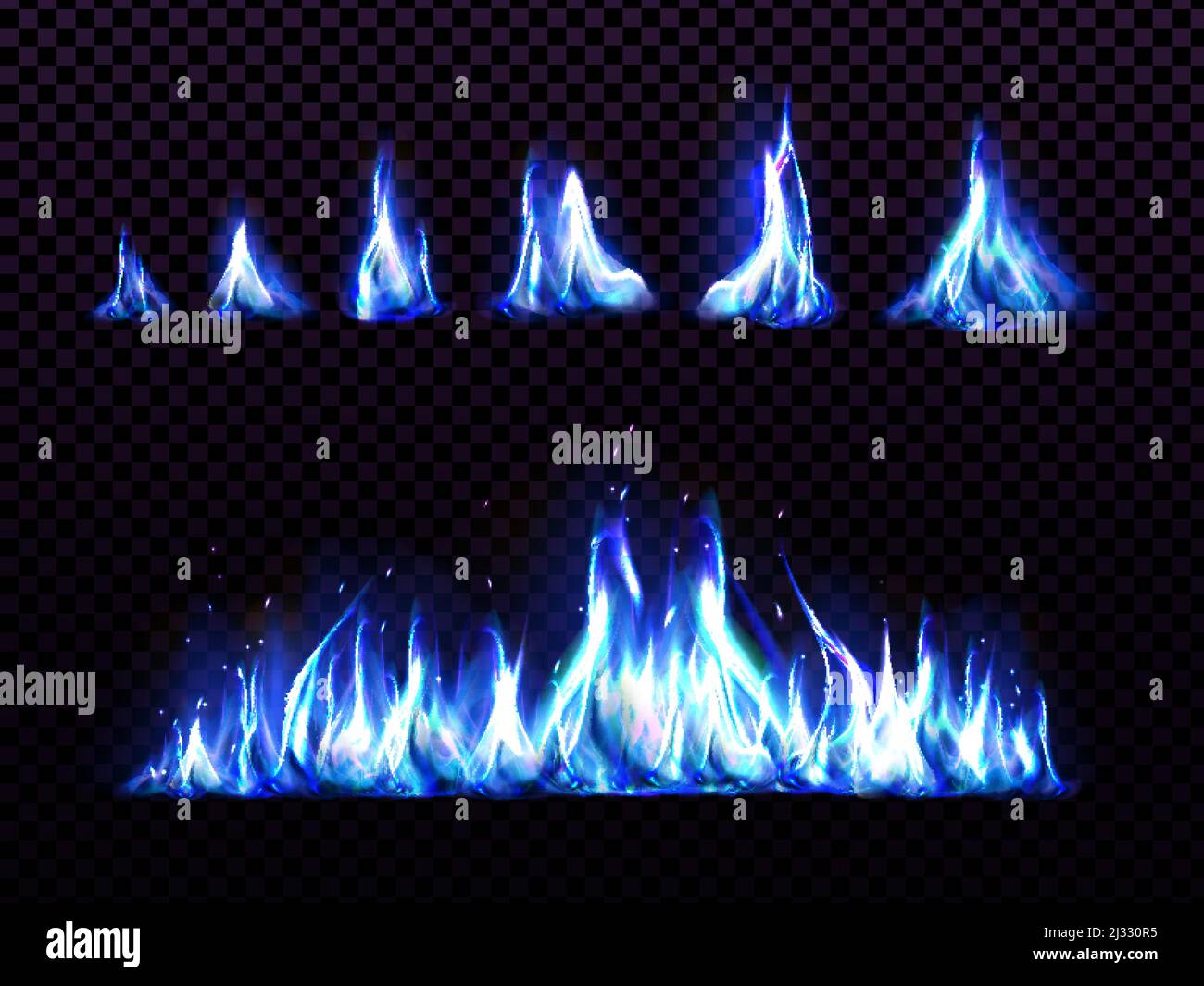 Realistic blue fire set for animation, torch flame isolated on transparent background. Burning blaze effect, glowing shining flare border or frame des Stock Vector