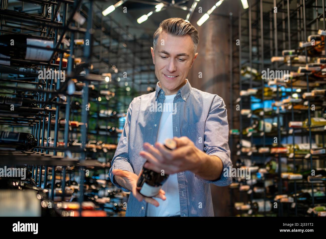 A wine store owner making a revision and looking involved Stock Photo