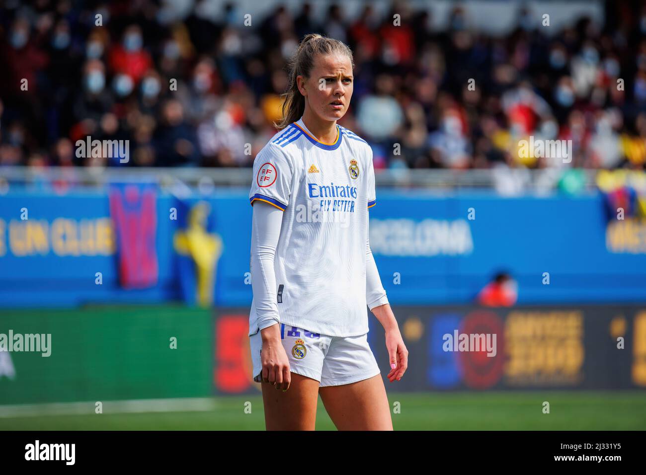 BARCELONA - MAR 13: Teresa Abelleira in action during the Primera Iberdrola match between FC Barcelona Women and Real Madrid Women at the Johan Cruyff Stock Photo